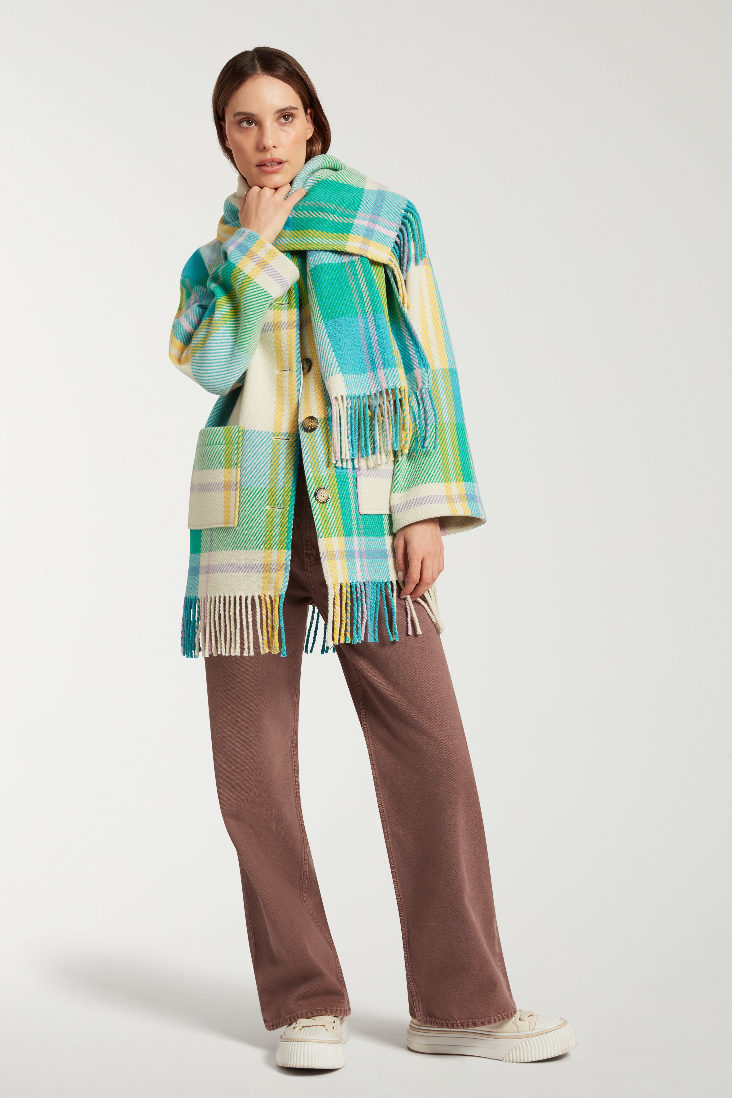 Short Check Scarf Coat