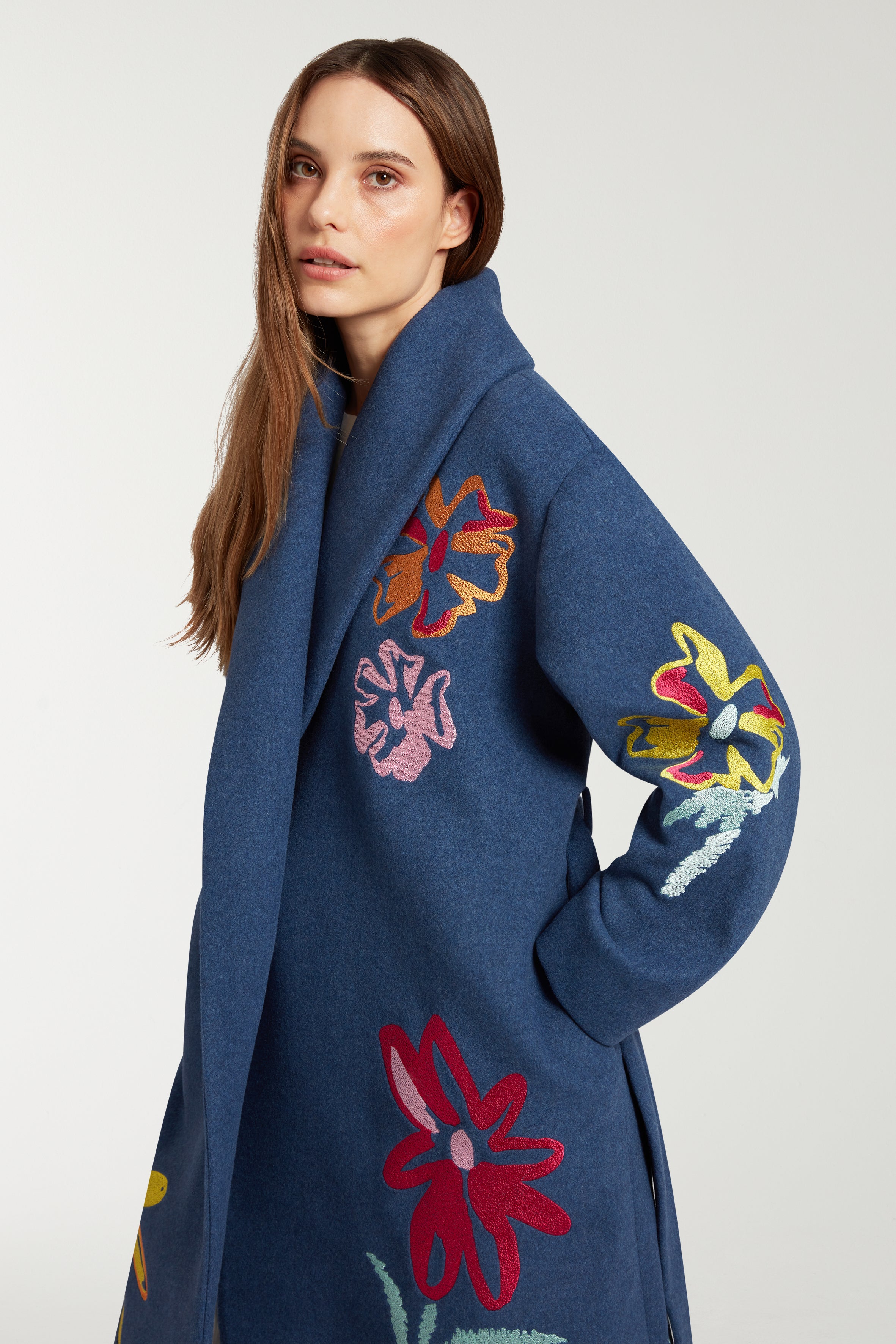 Embroidered Flower Shawl Collar Coat