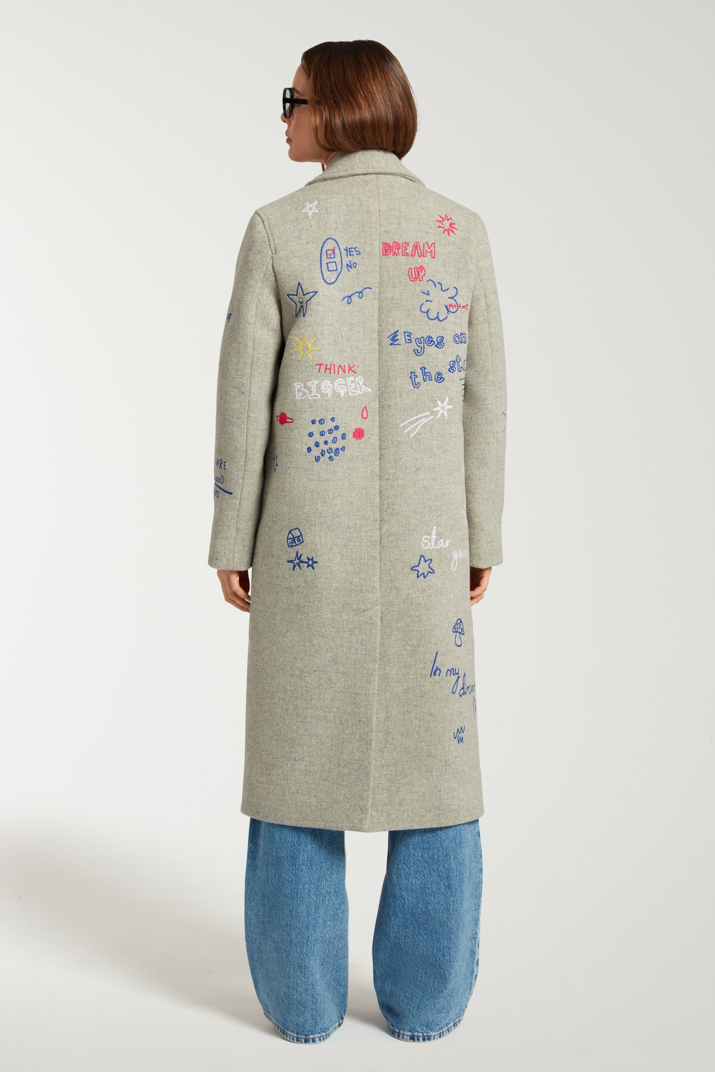 Embroidered Scribble Double Breasted Coat