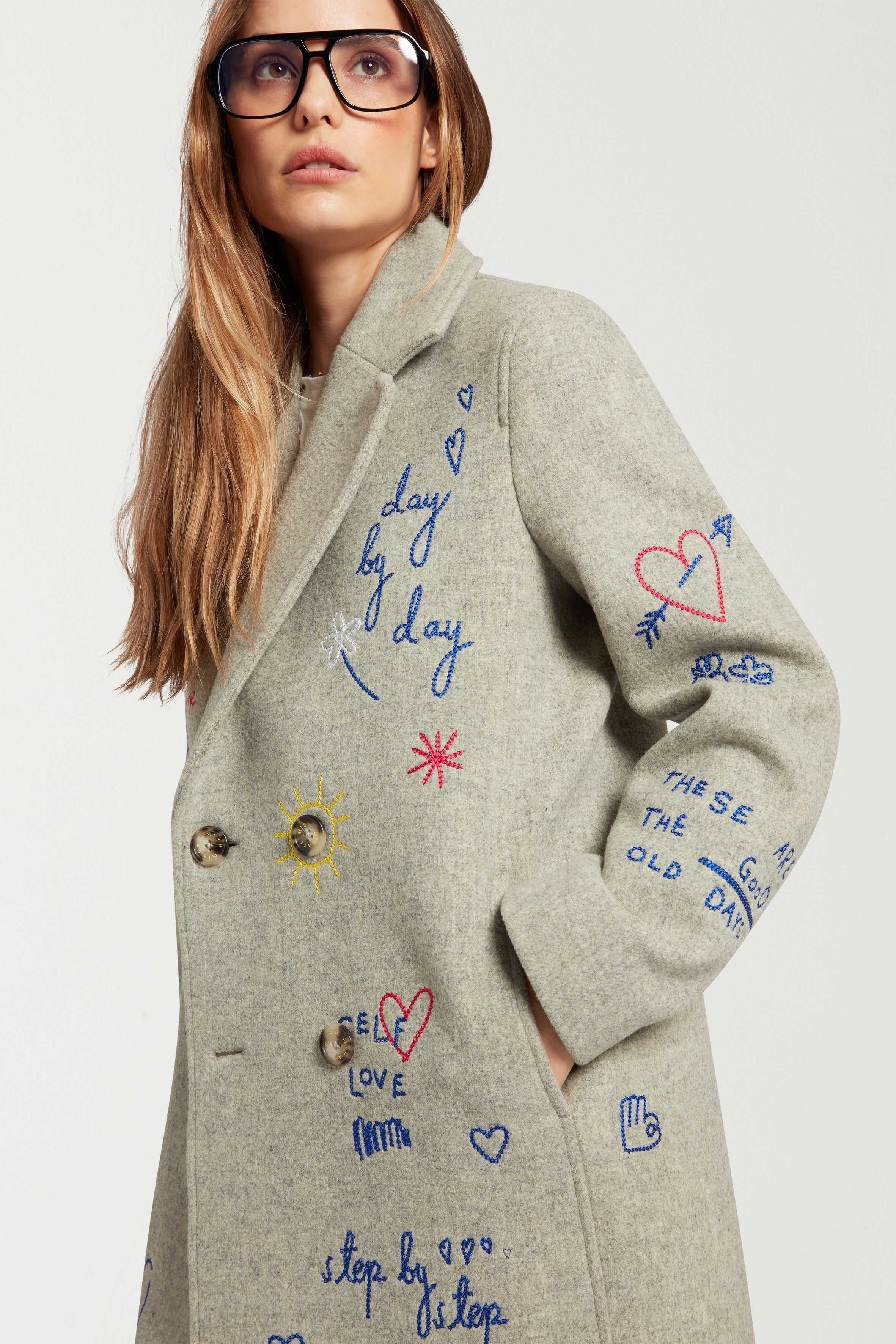 Embroidered Scribble Double Breasted Coat