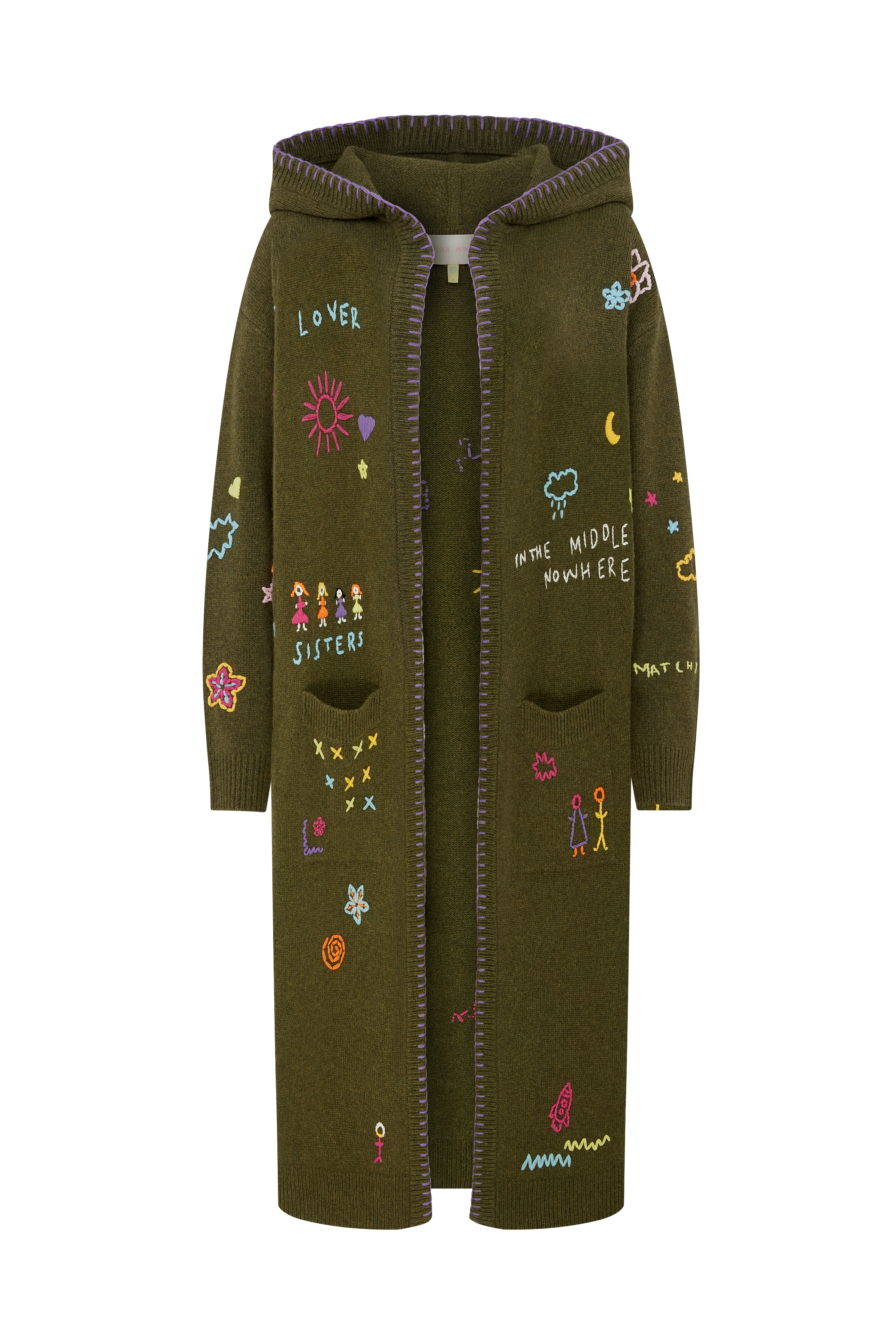 Long Cardigan With Doodle Words Embroidery