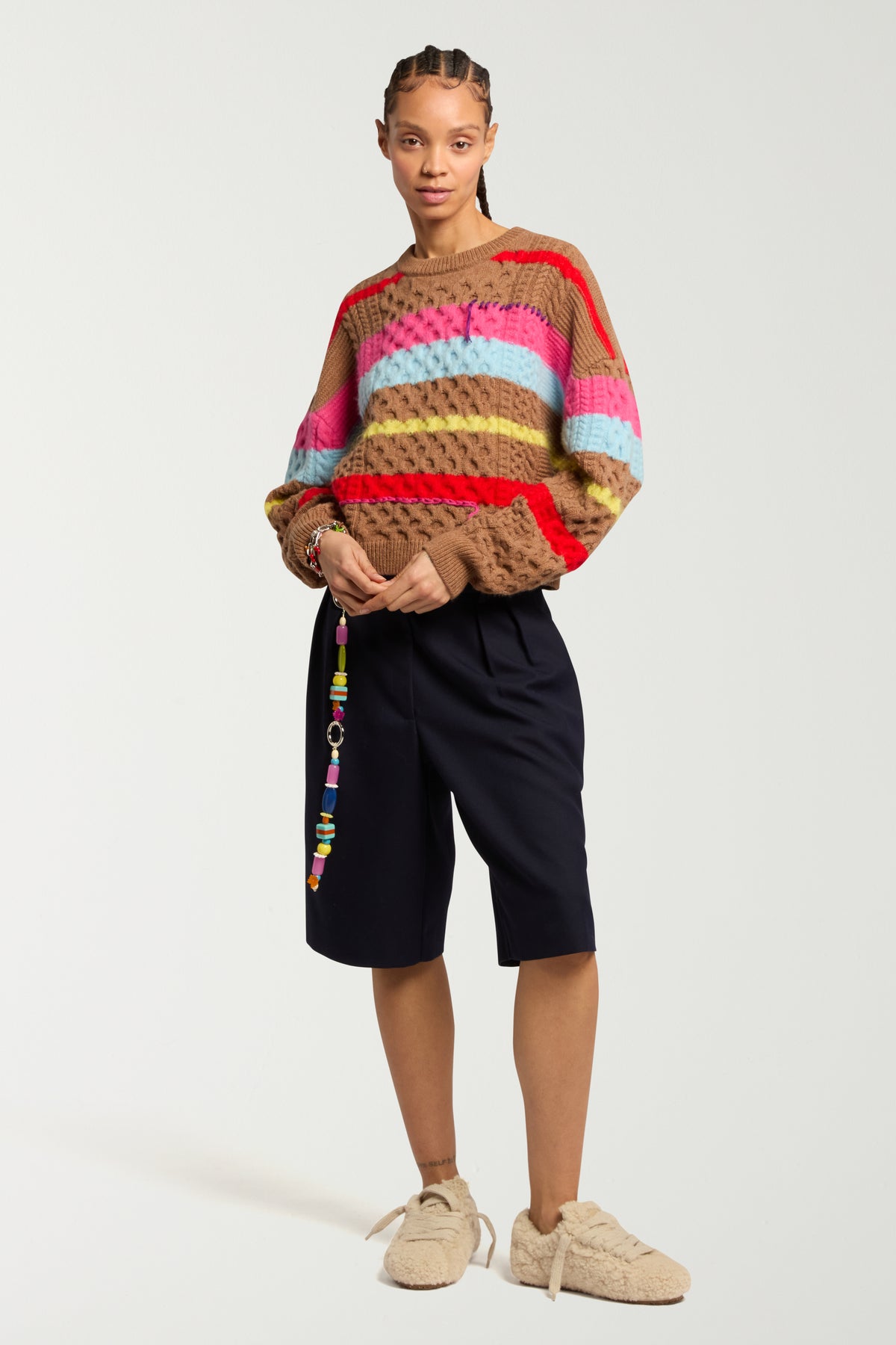 Stripe Chunk Cable Knit Jumper With Embroidery