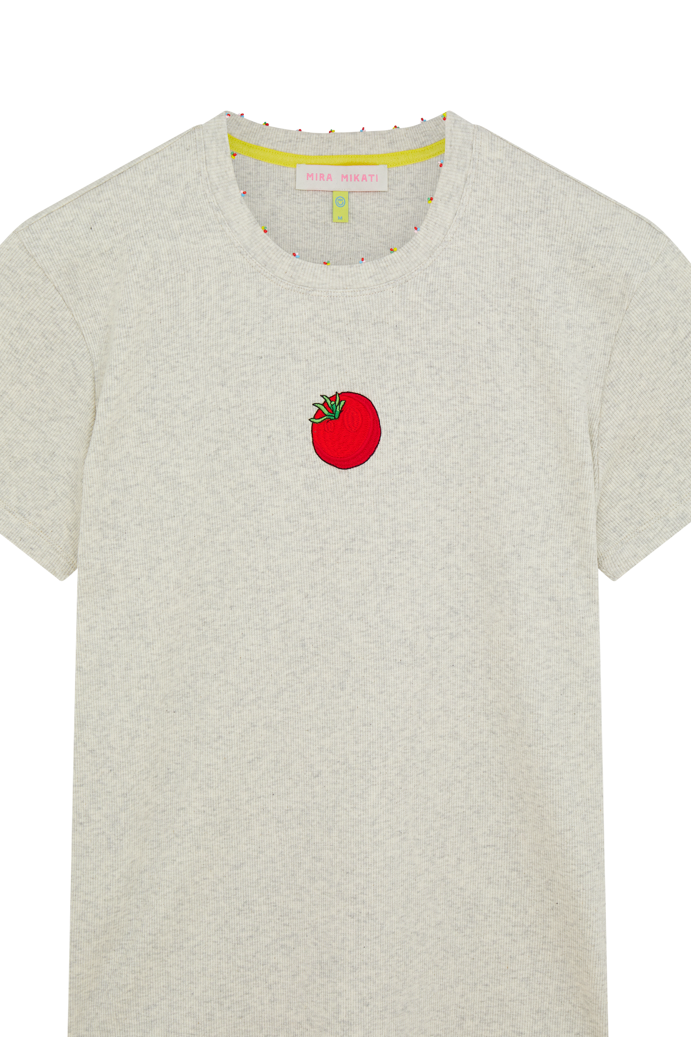 Embroidered Tomato T-shirt With Beaded Neckline 