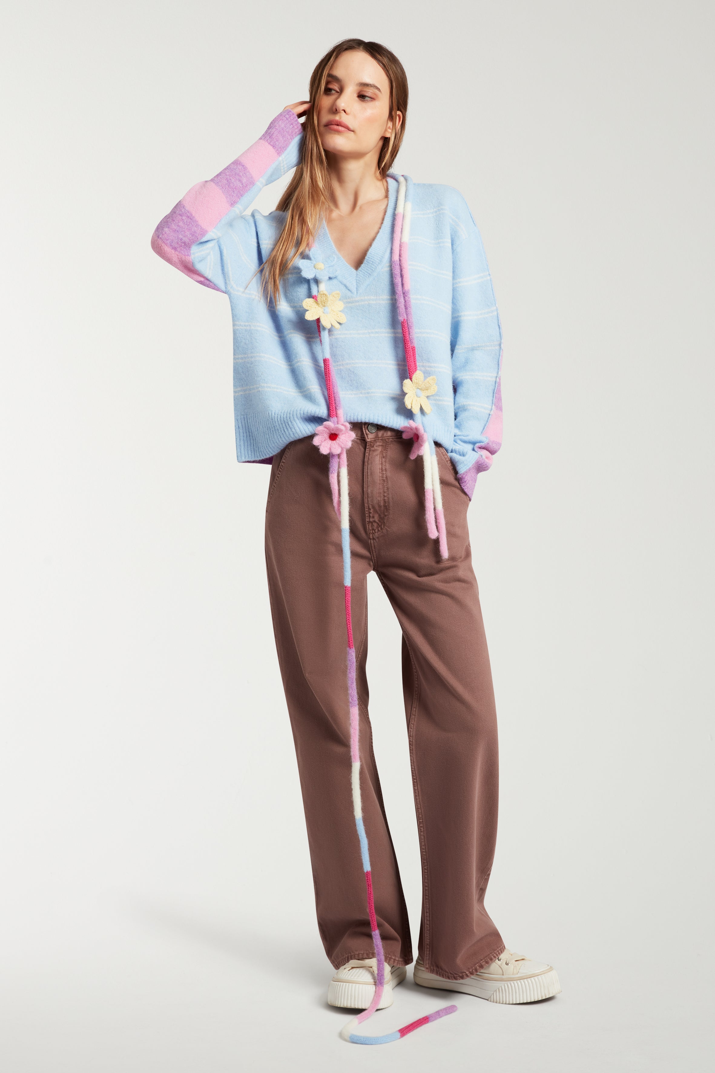Stripe V Neck With Crochet Neck Trim 