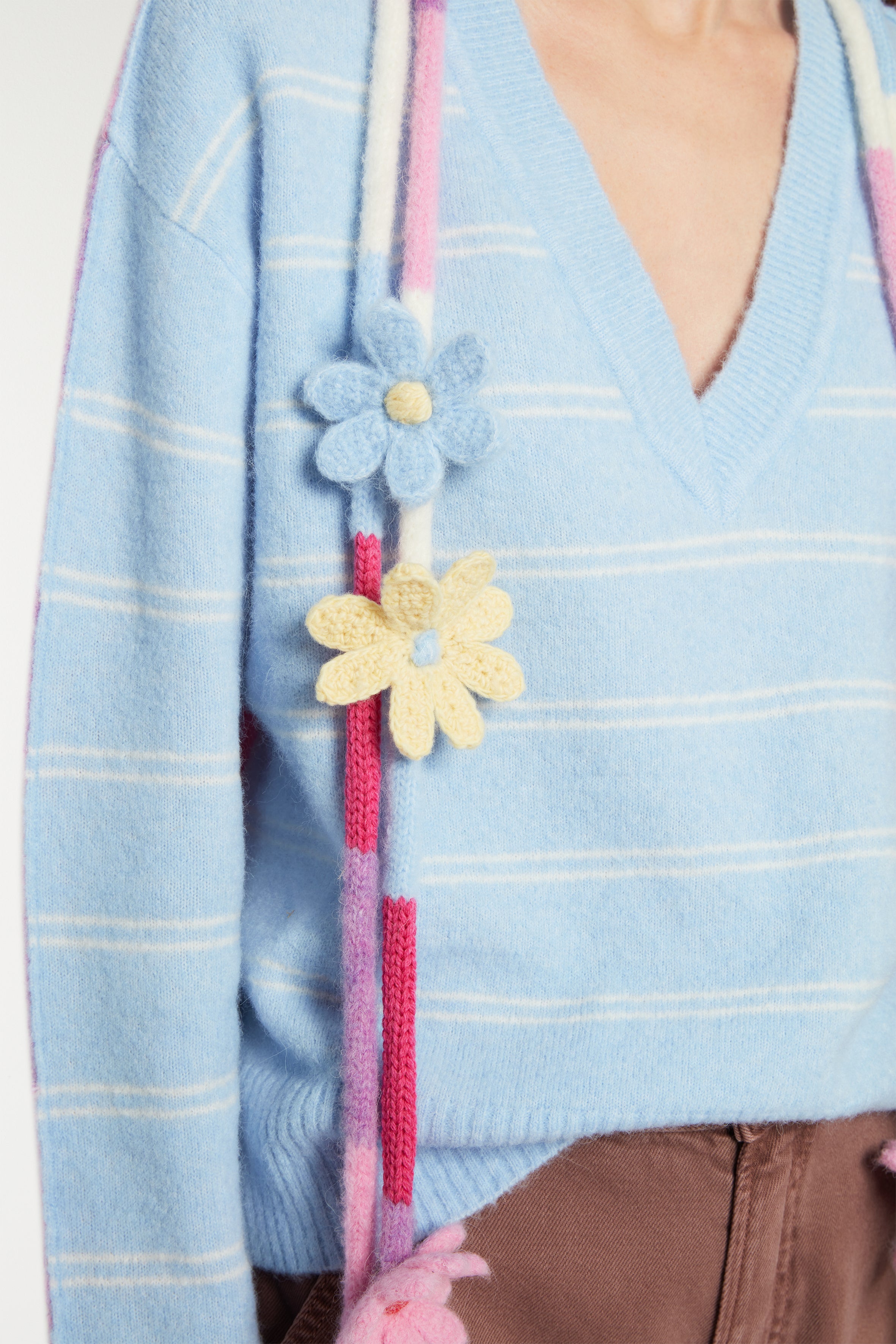 Stripe V Neck With Crochet Neck Trim 