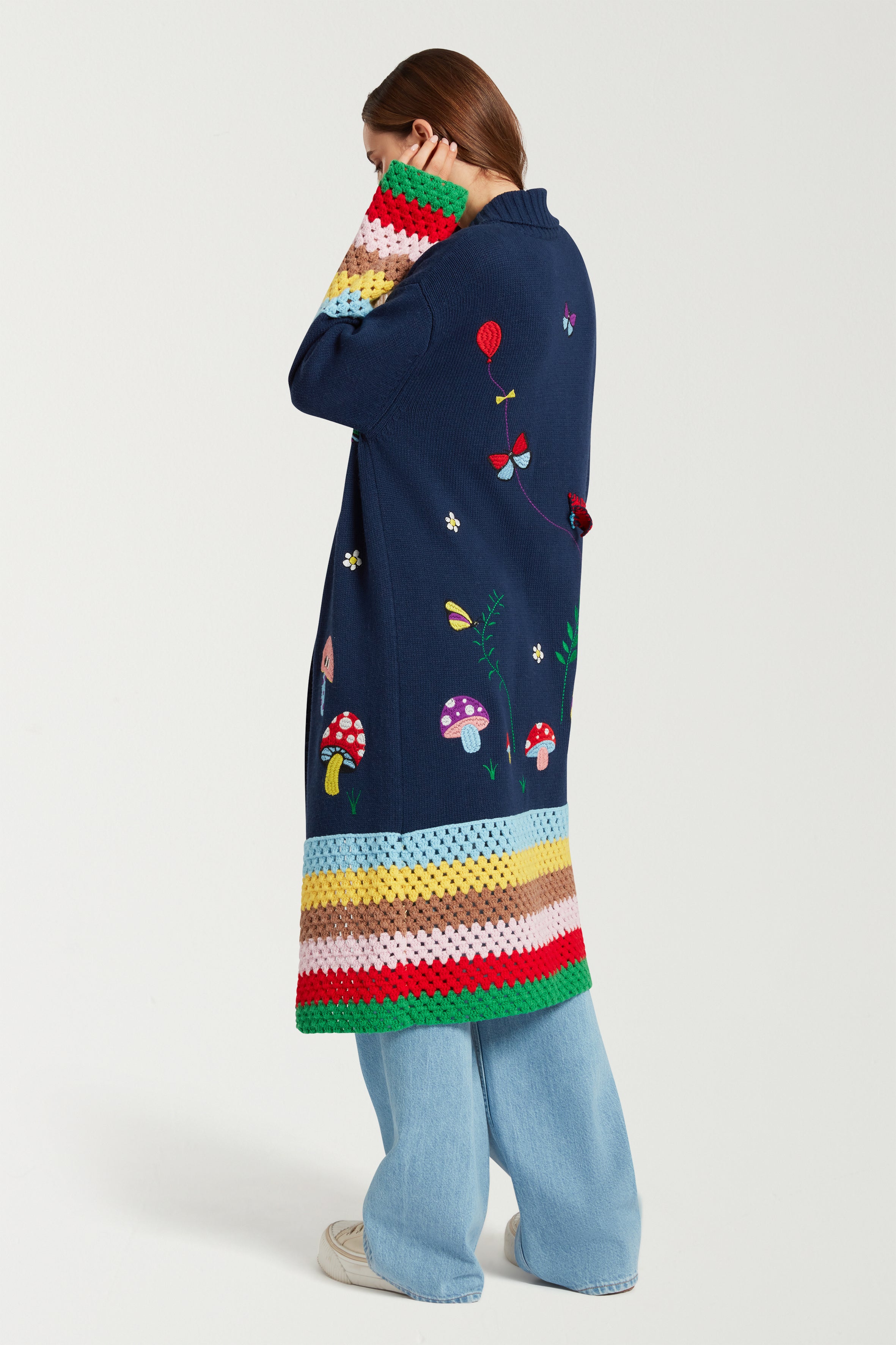Embroidered Long Cardigan With Hand Crochet 
