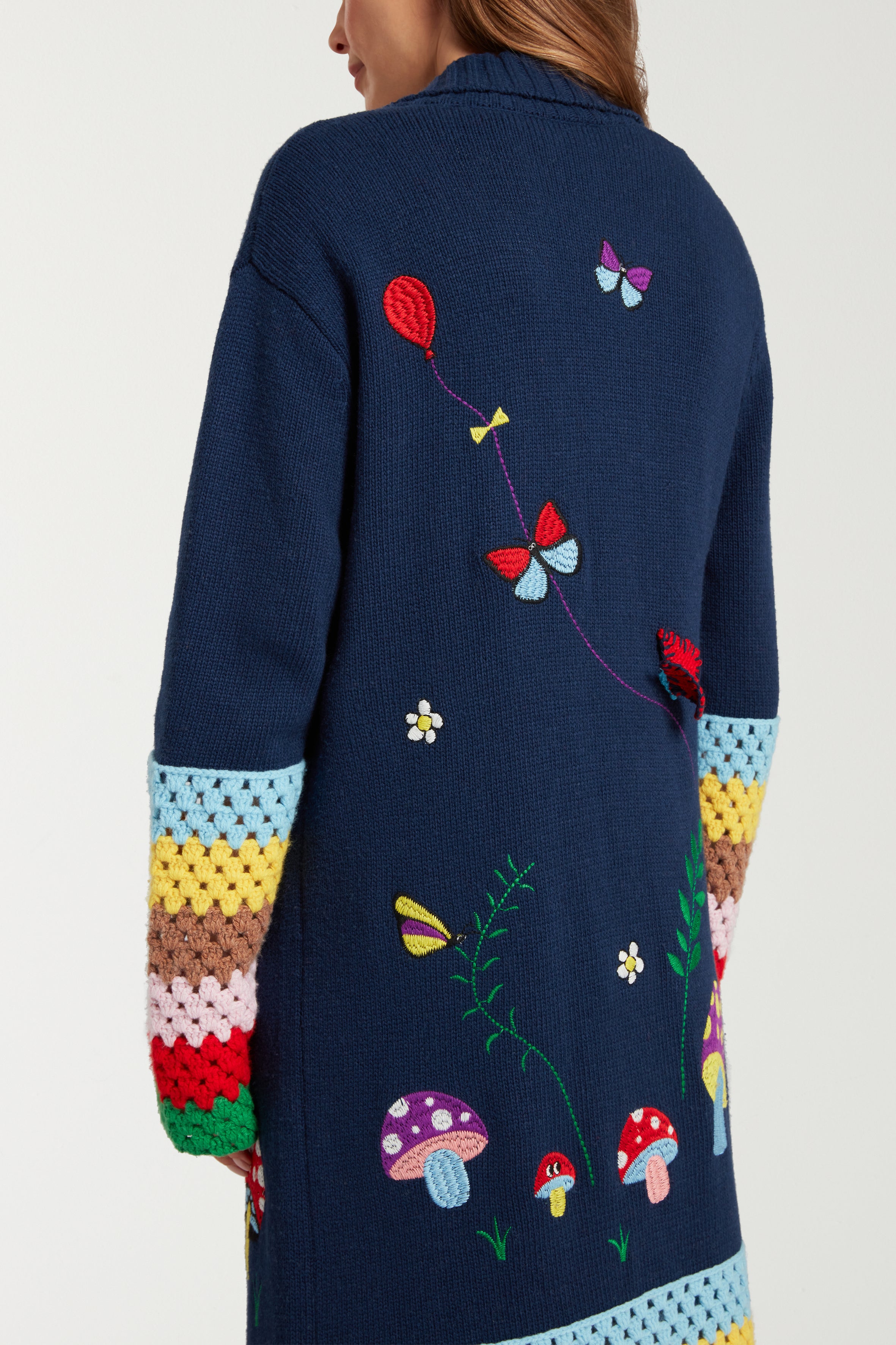 Embroidered Long Cardigan With Hand Crochet 