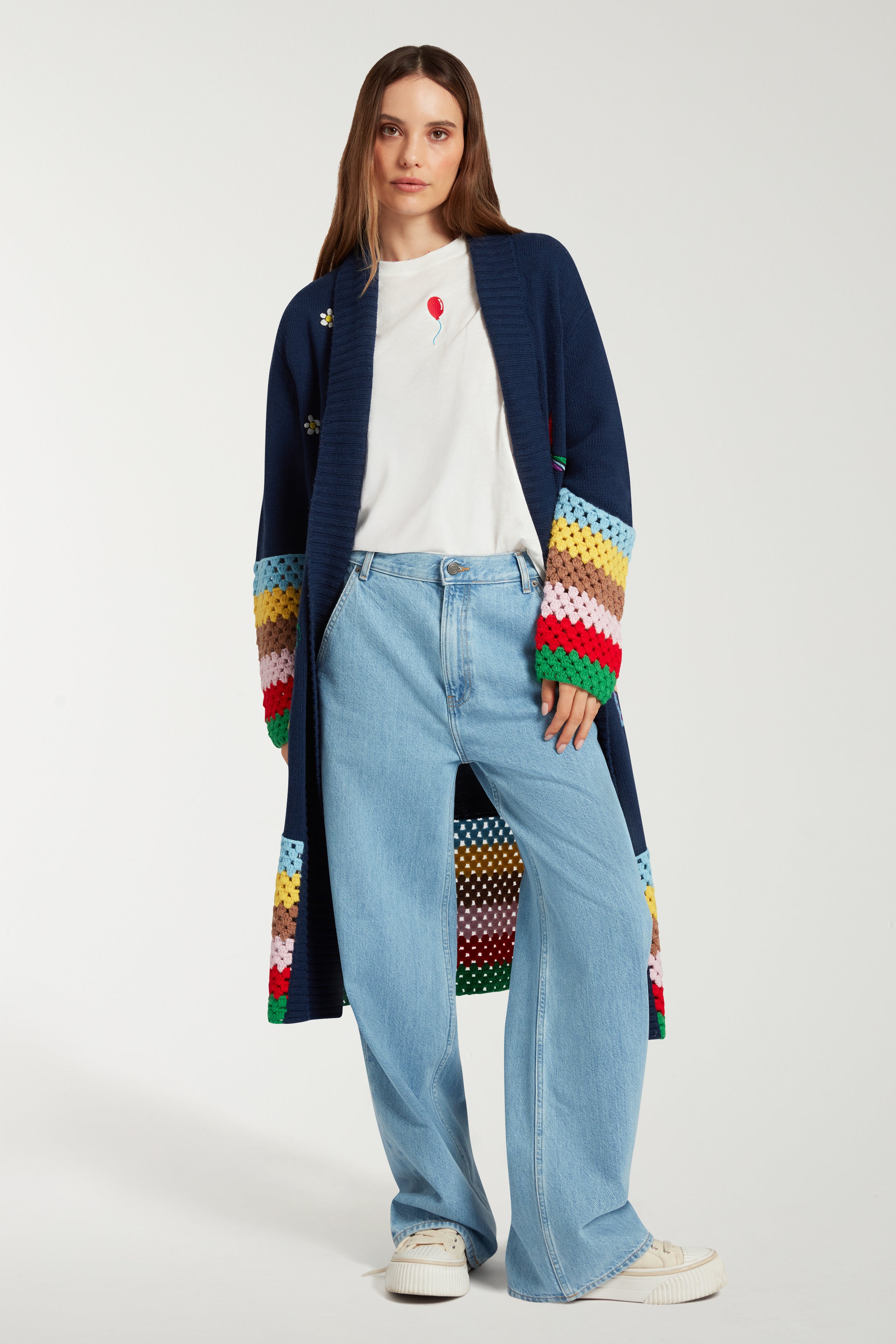 Embroidered Long Cardigan With Hand Crochet 