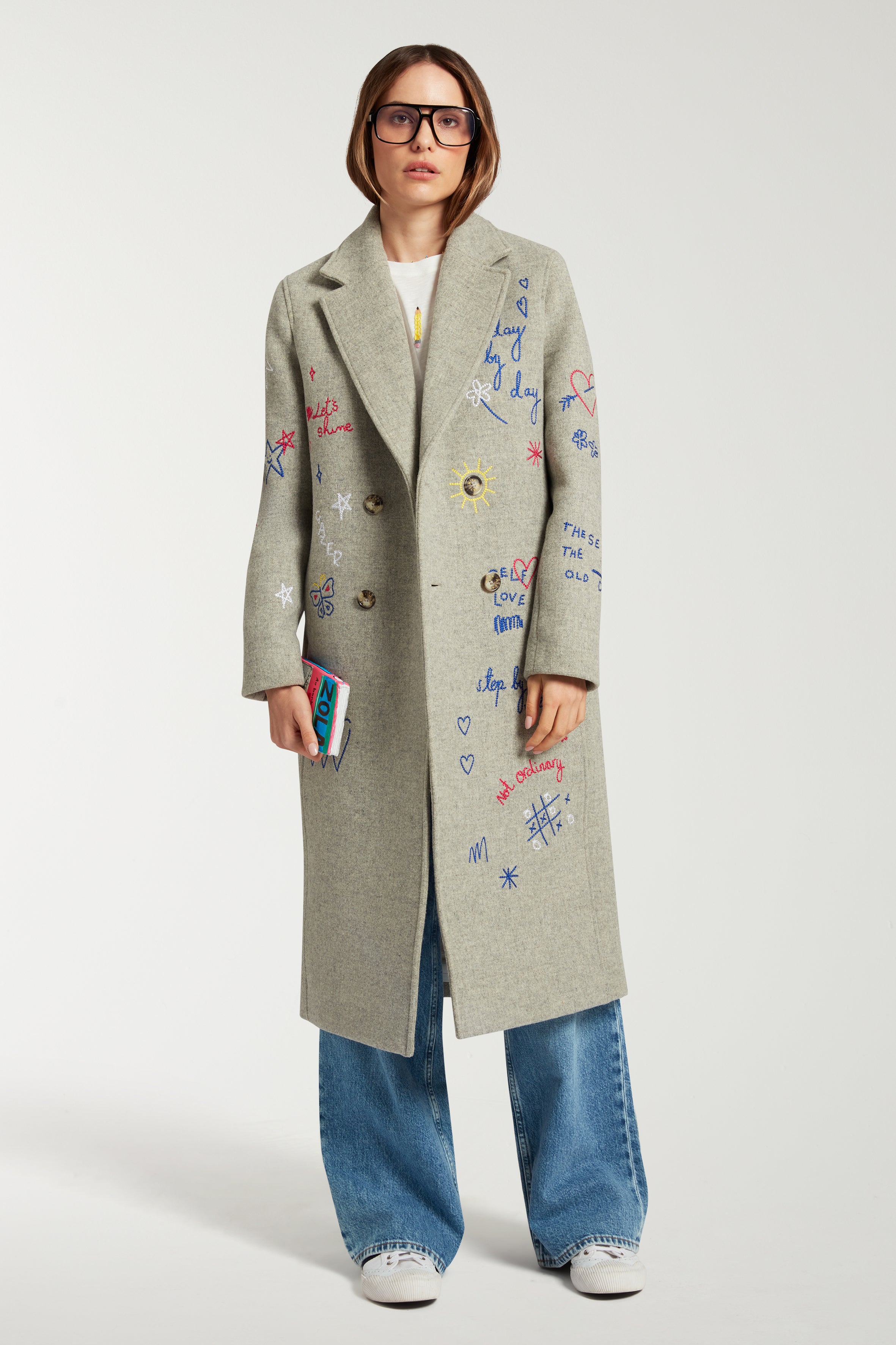 Embroidered Scribble Double Breasted Coat 