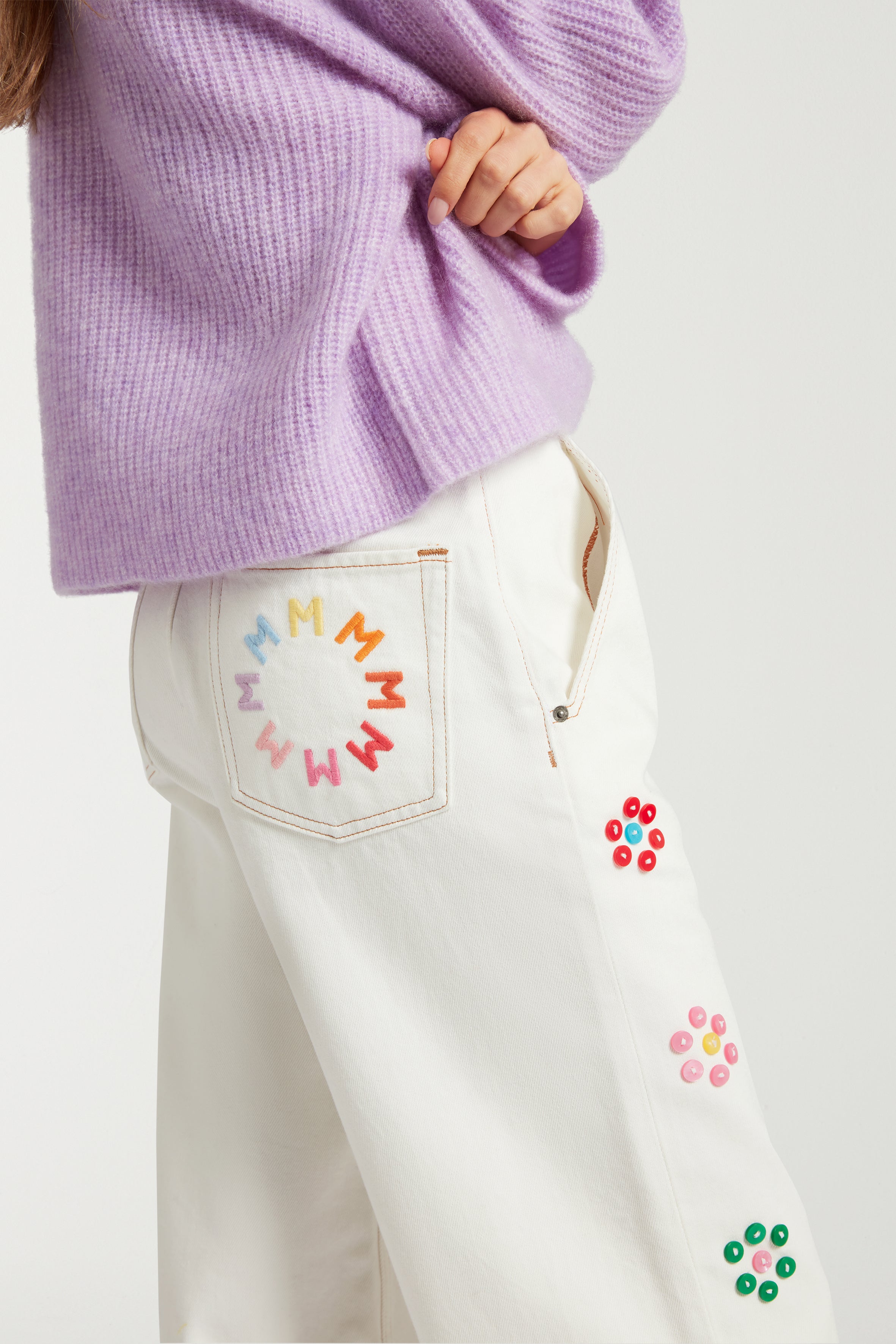 Button Embroidered Straight Leg Jean 