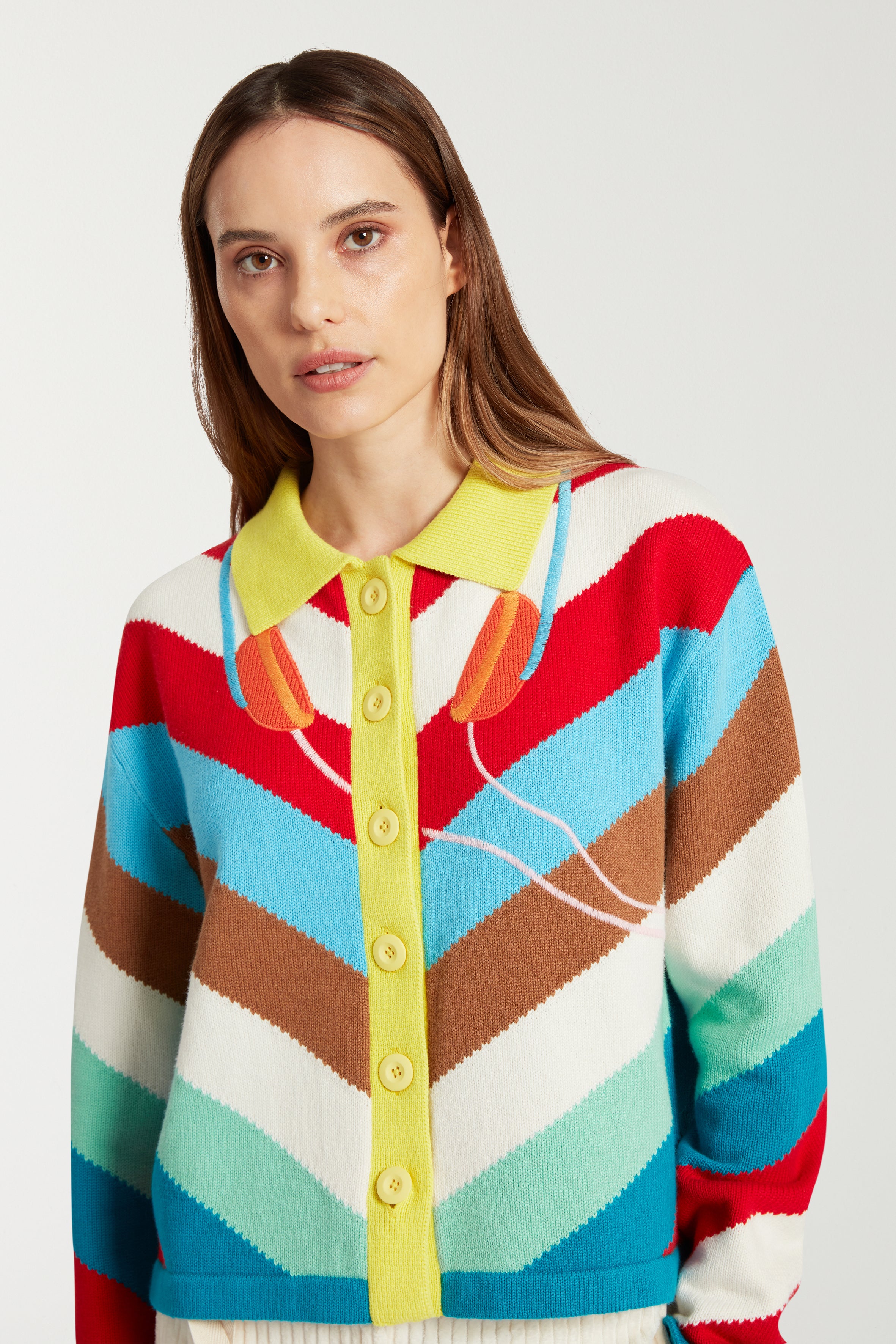 Embroidered Headphones Chevron Cardigan 