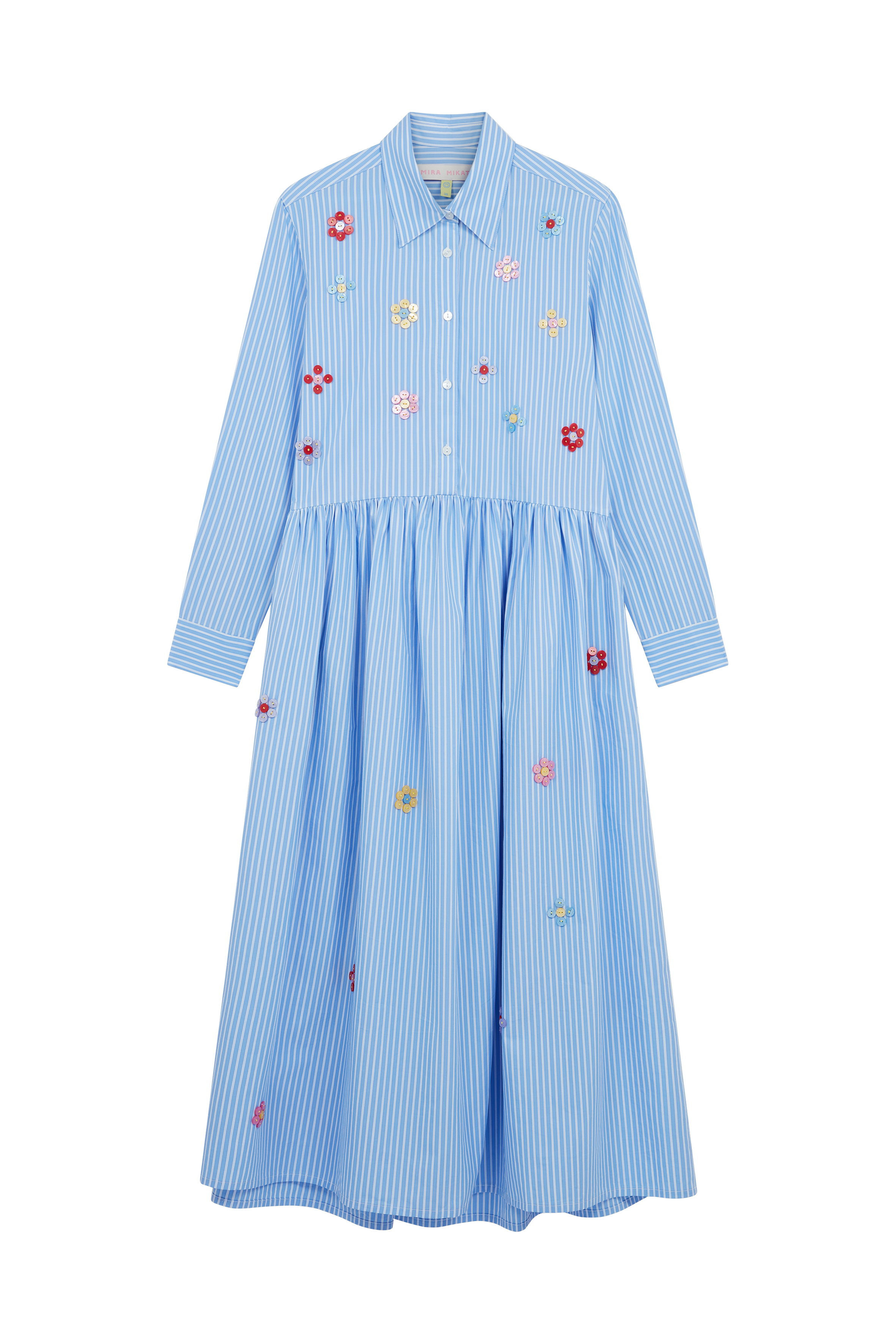 Button Embroidered Long Sleeve Shirt Dress 
