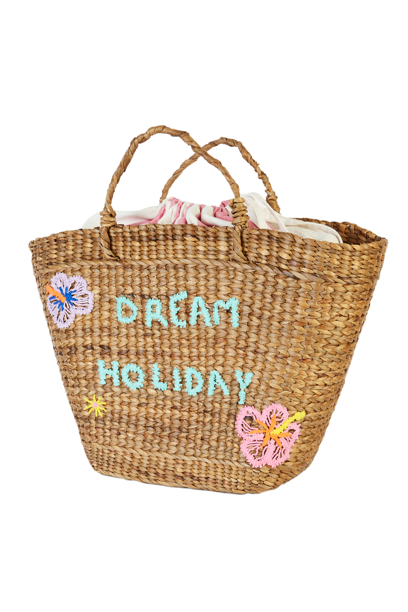 Embroidered Hyacinth Leaf Basket With Pink Stripe Bag