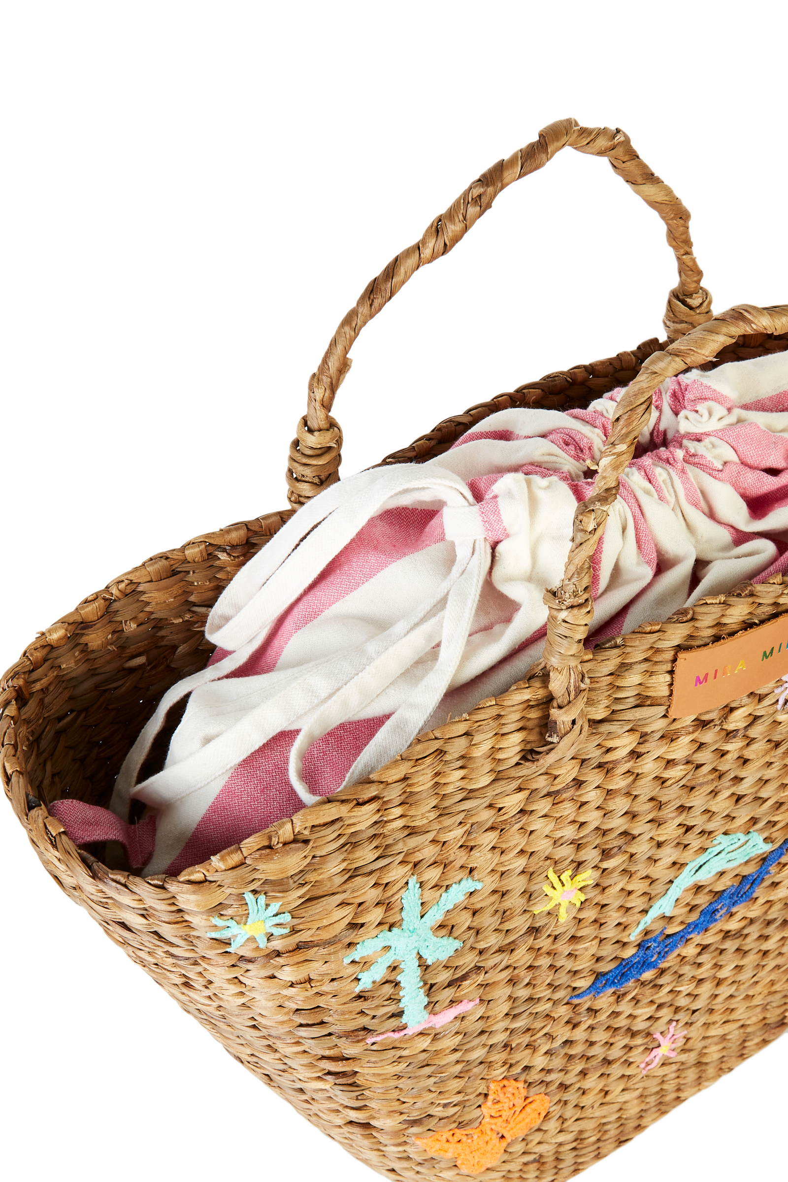 Embroidered Hyacinth Leaf Basket With Pink Stripe Bag