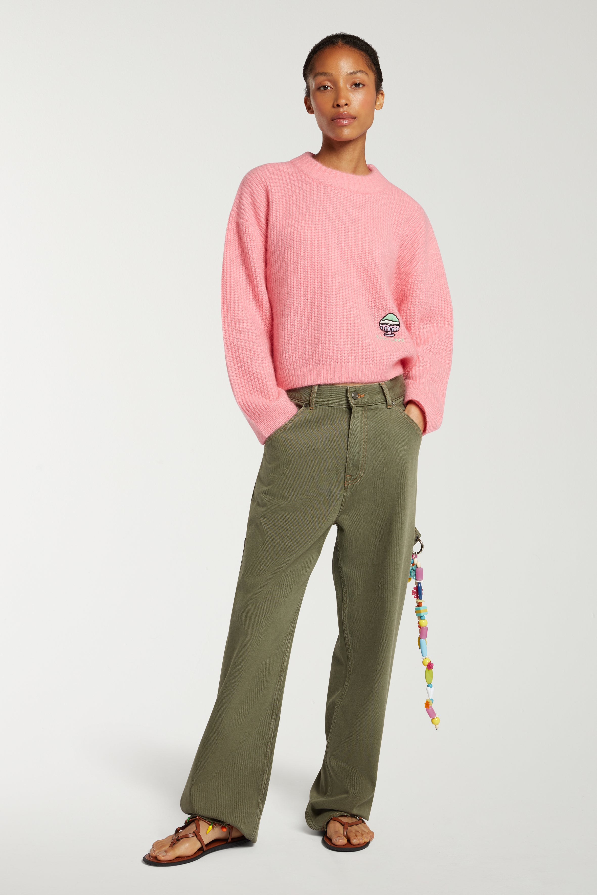 Kaki Love Embroidered Cashmere Mix Sweater