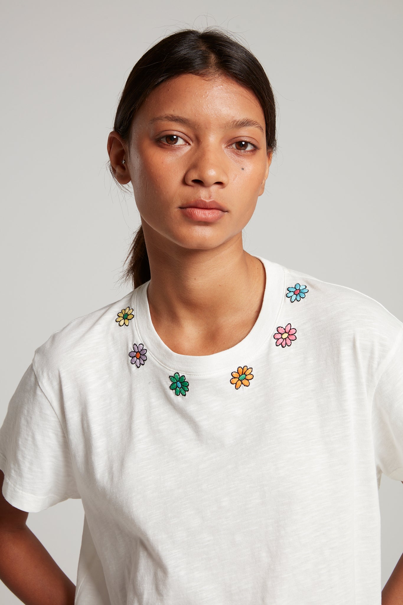 Embroidered Flower Neckline T-shirt 