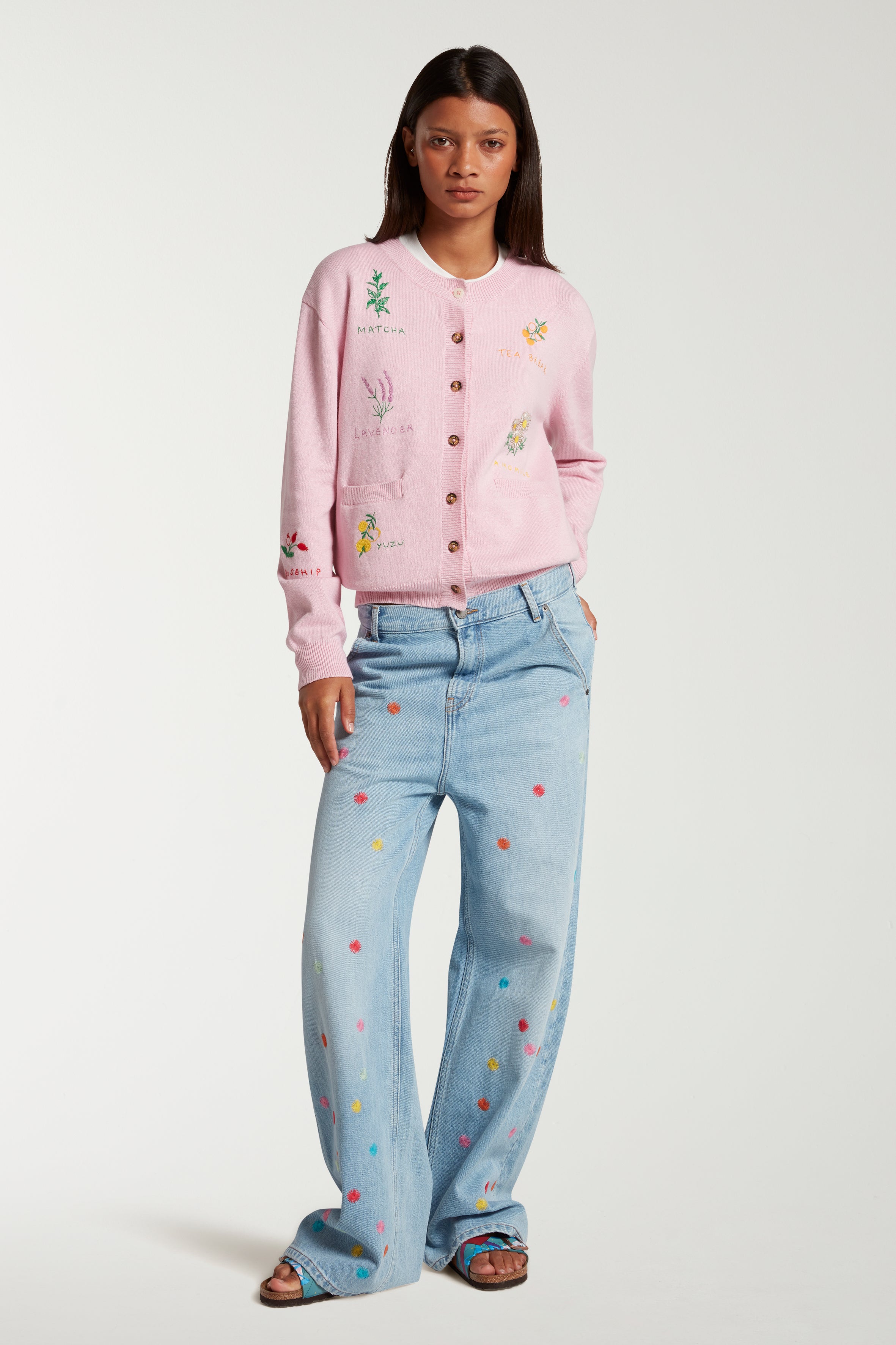 Straight Leg Jeans with Dot Embroidery 