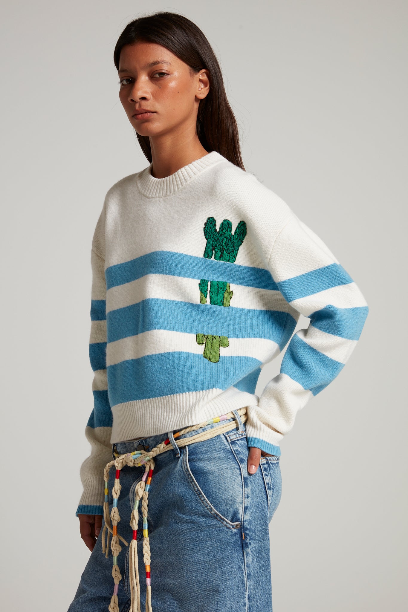 Embroidered Asparagus Stripe Sweater 