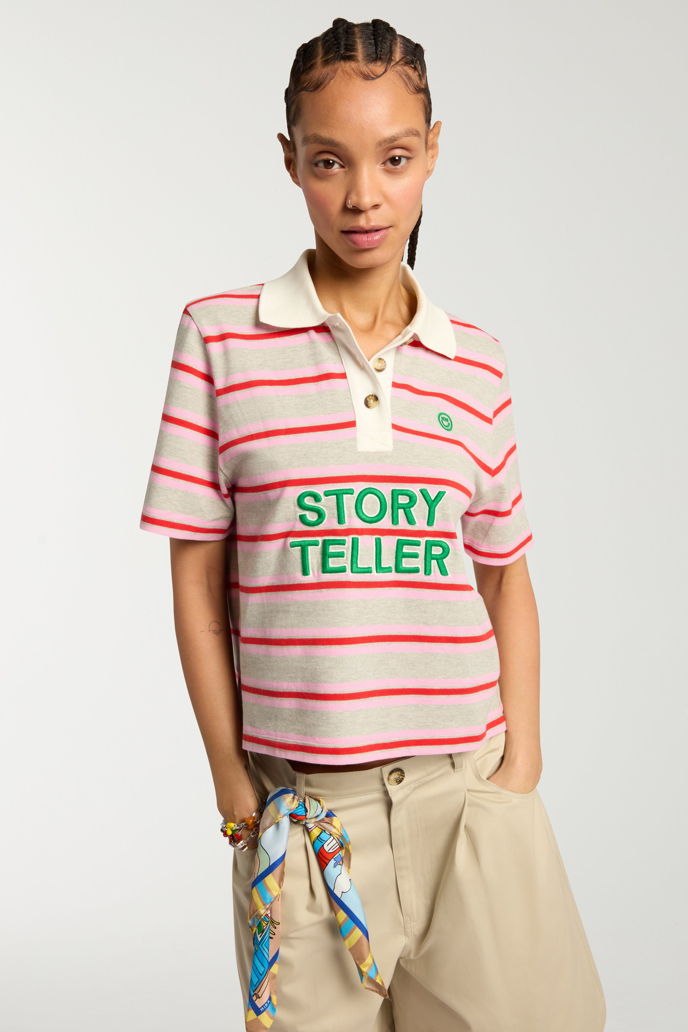 'Storyteller' Embroidered Stripe Short Sleeve Polo Top