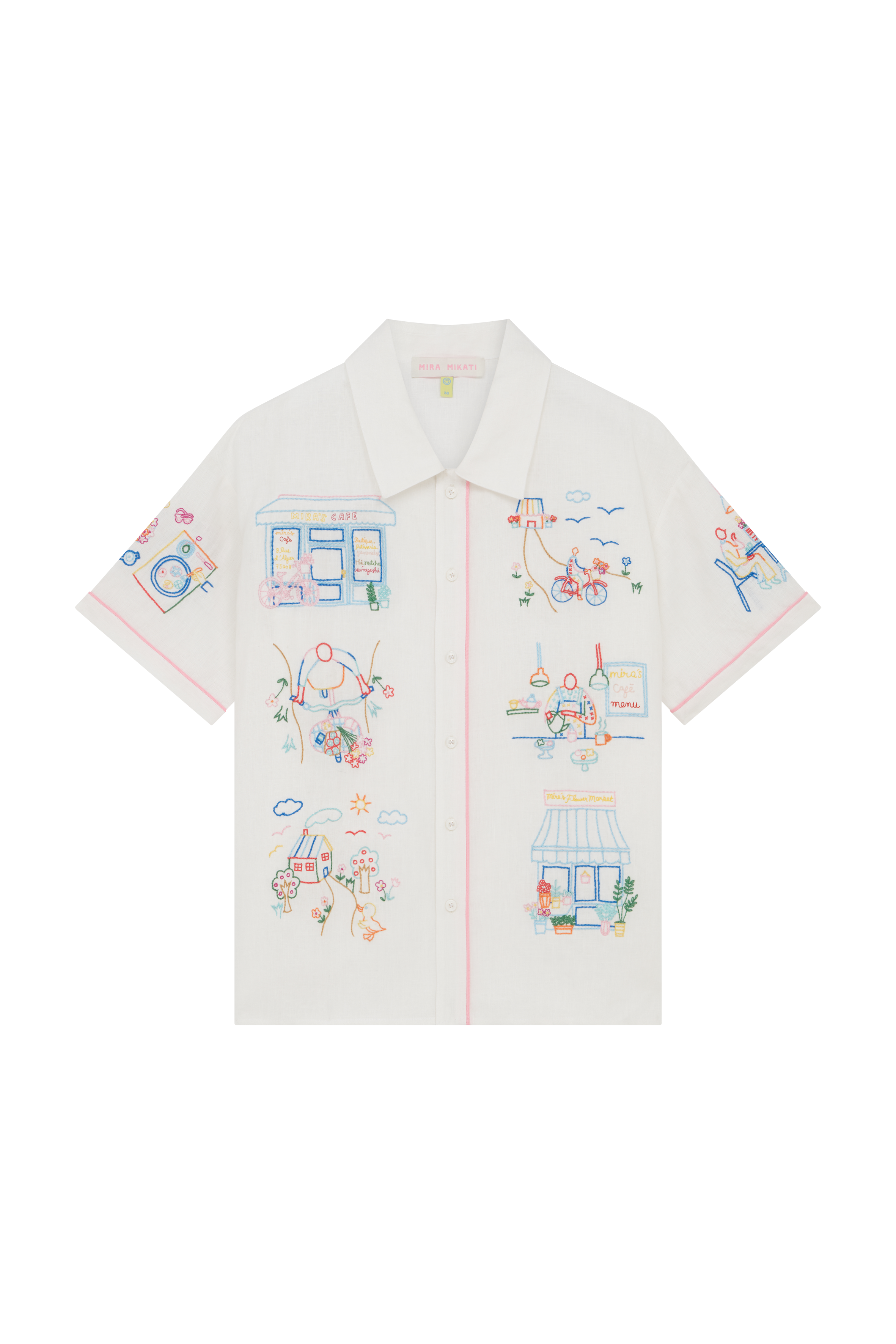 Short Sleeve Shirt With Cafe Scene Embroidery