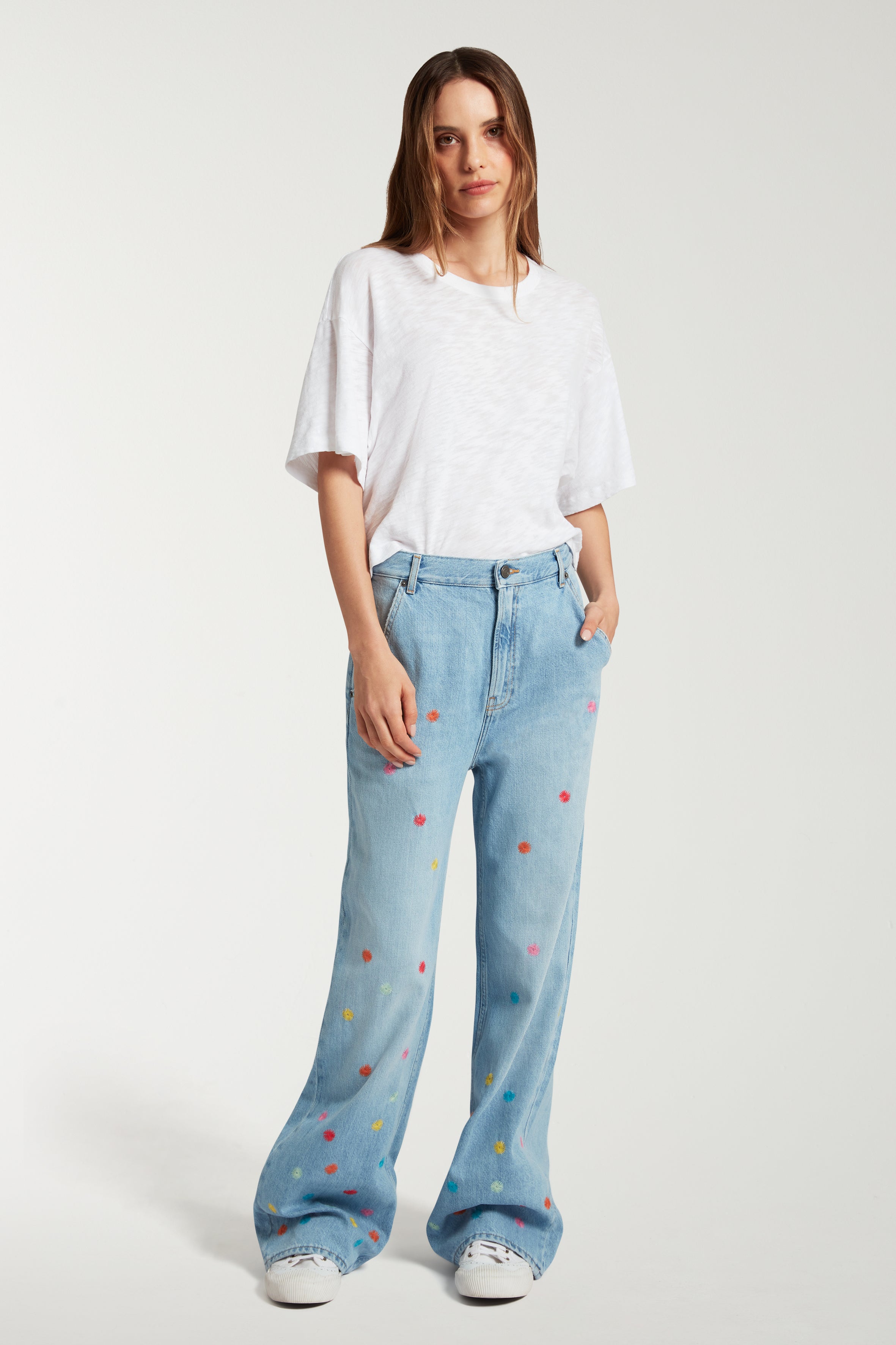 Straight Leg Jeans with Dot Embroidery 