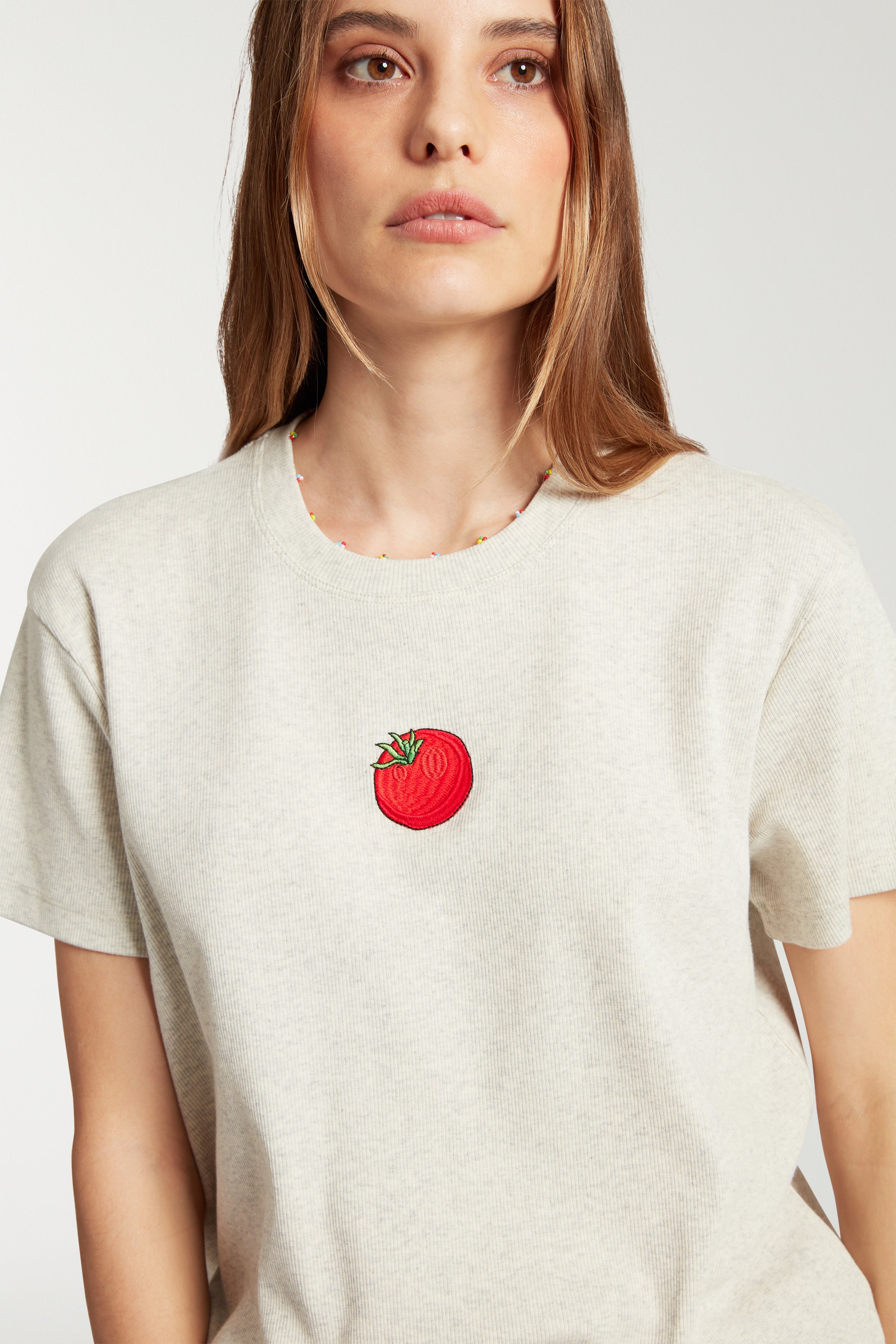 Embroidered Tomato T-shirt With Beaded Neckline 