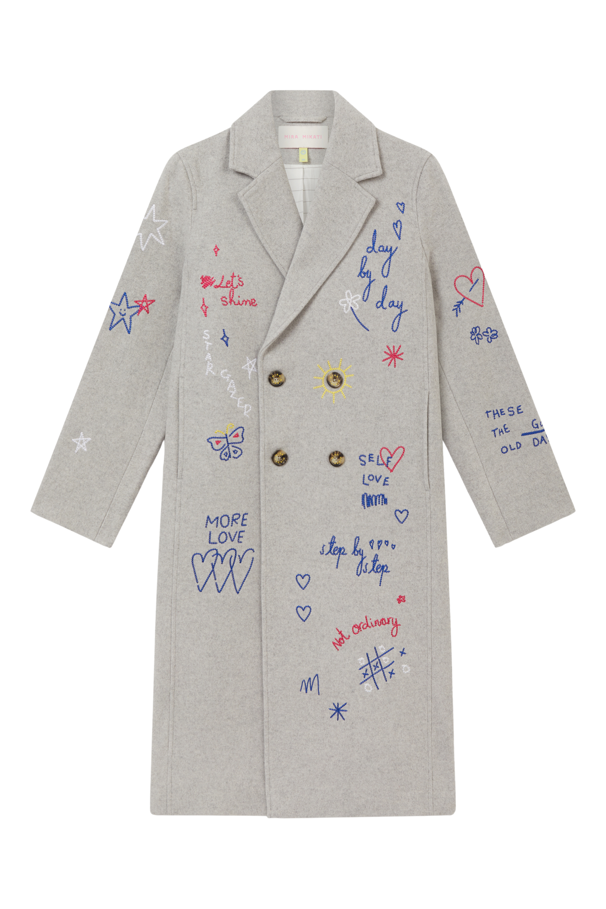 Embroidered Scribble Double Breasted Coat 