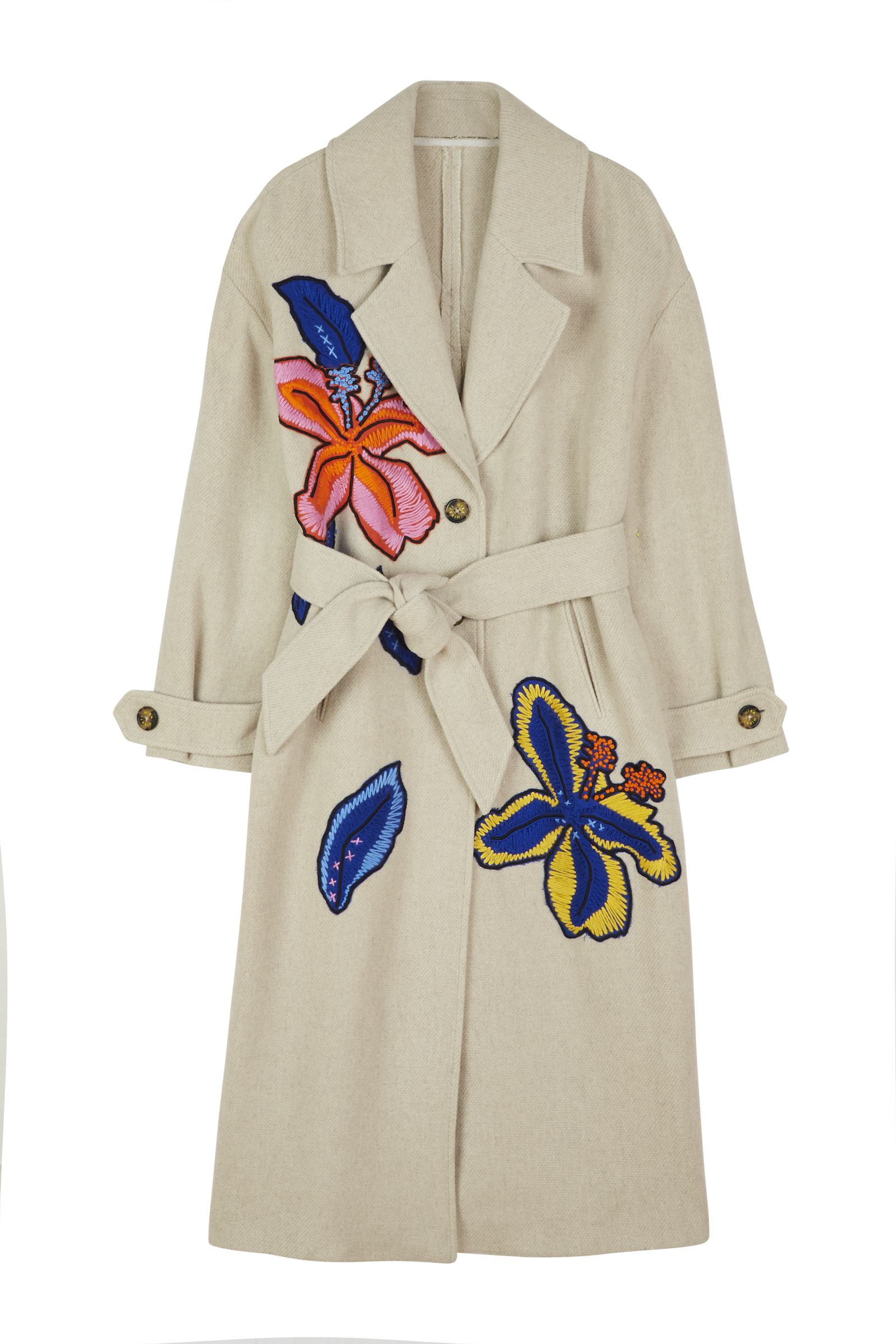 Flower Embroidered Belted Coat 