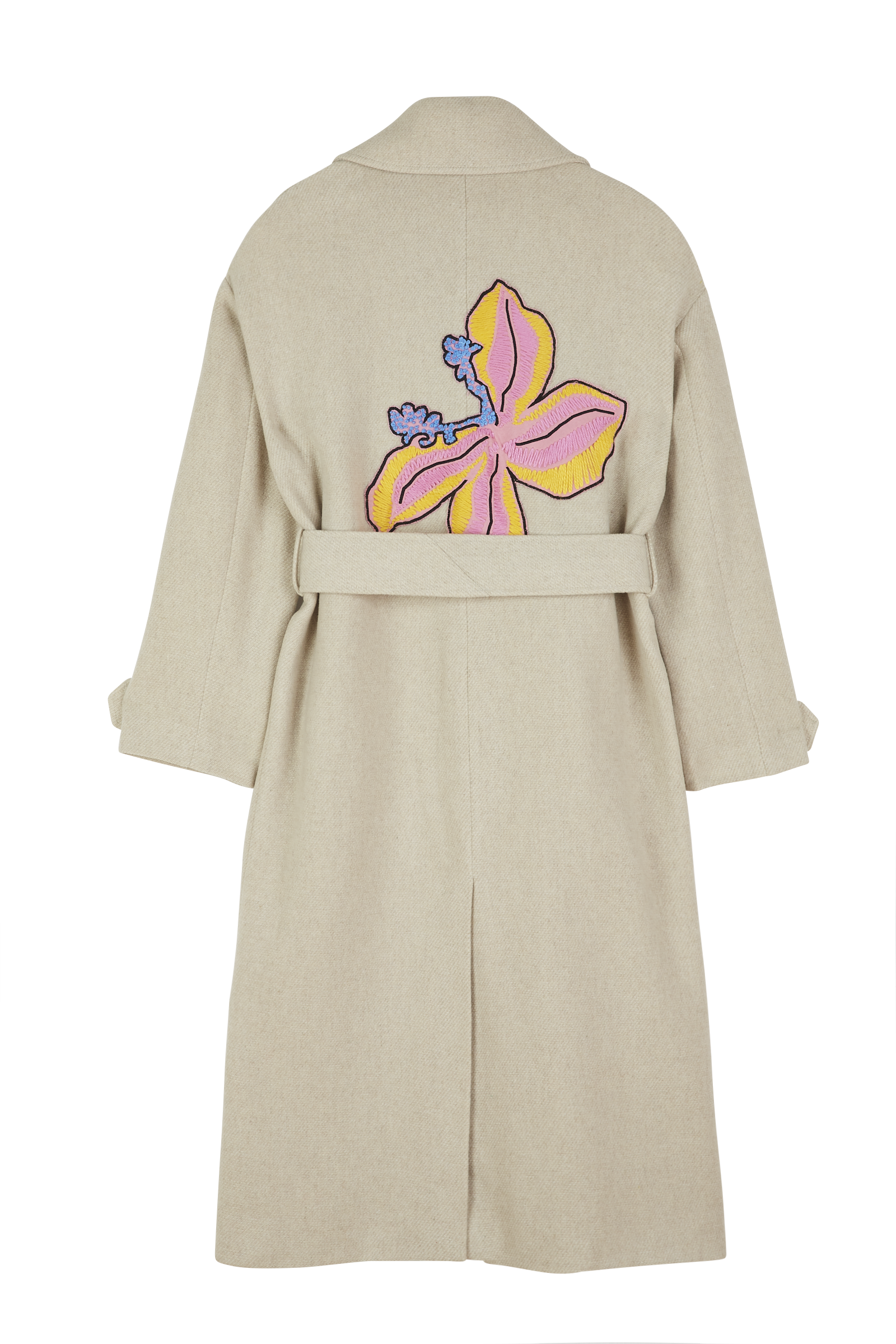 Flower Embroidered Belted Coat 