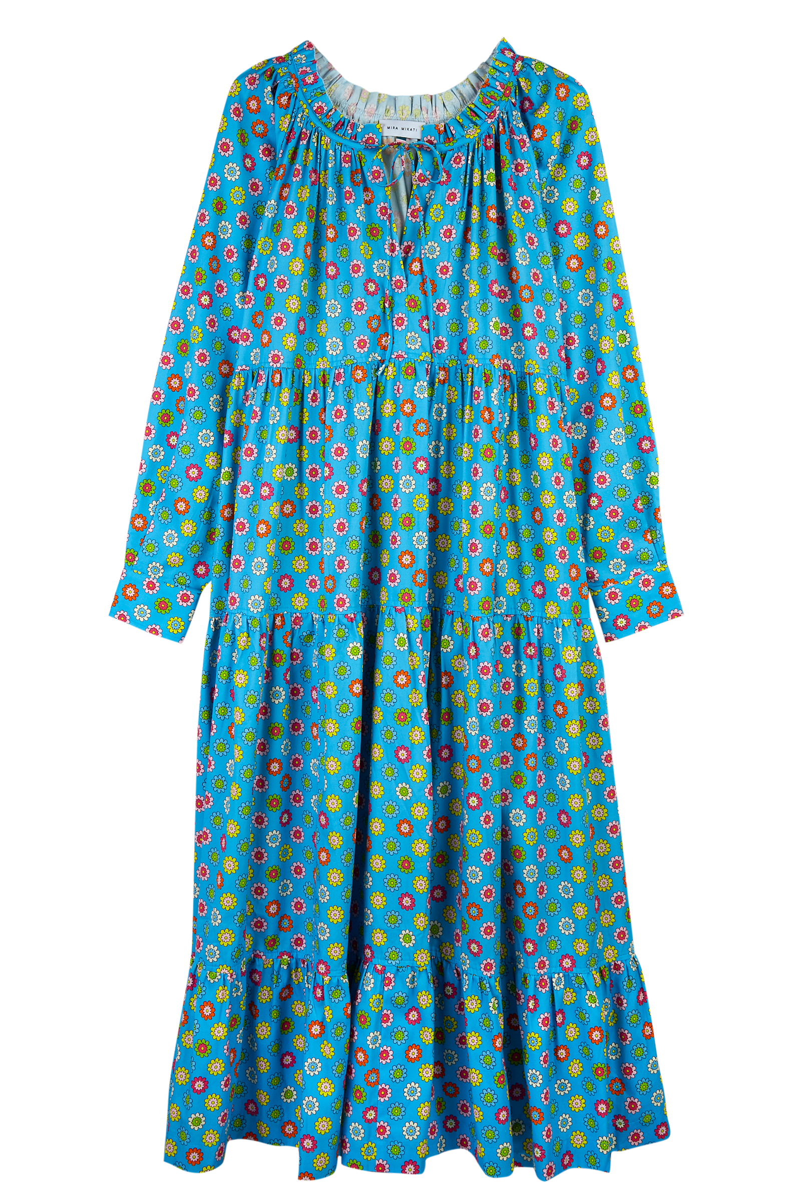 Blue Flowers Long Sleeve Tiered Maxi Dress 