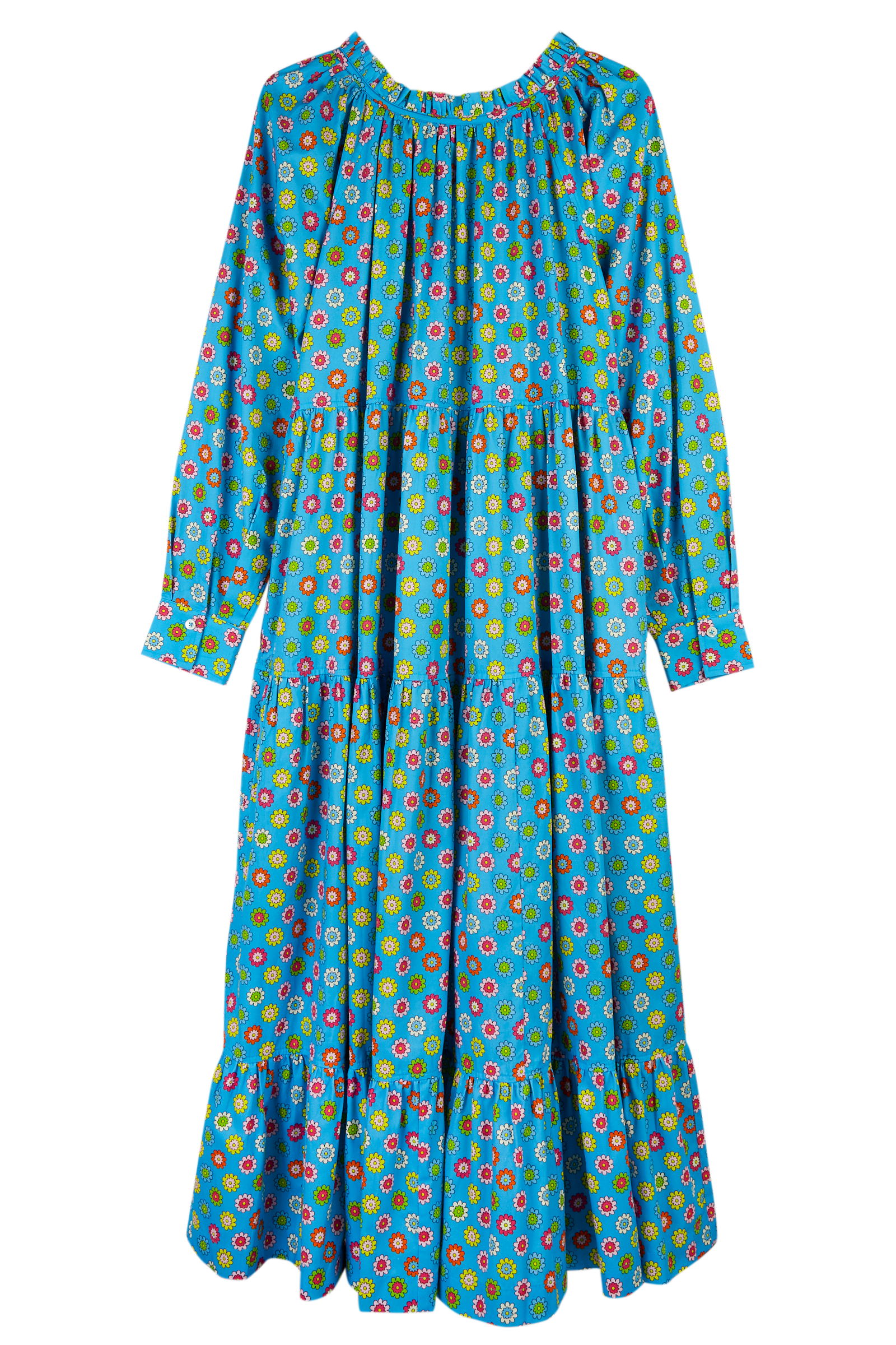 Blue Flowers Long Sleeve Tiered Maxi Dress 