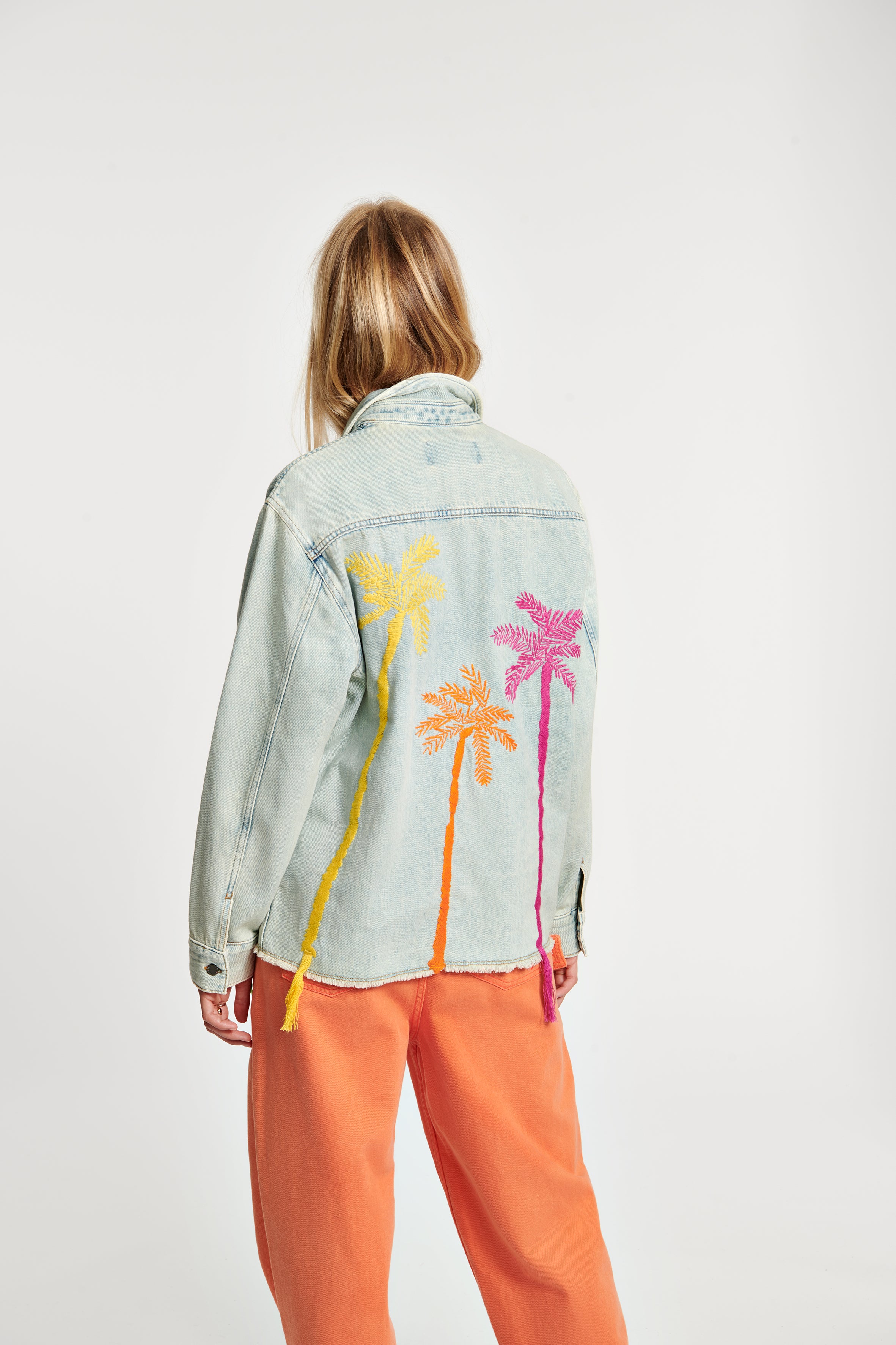 Palm Tree Embroidered Denim Jacket 