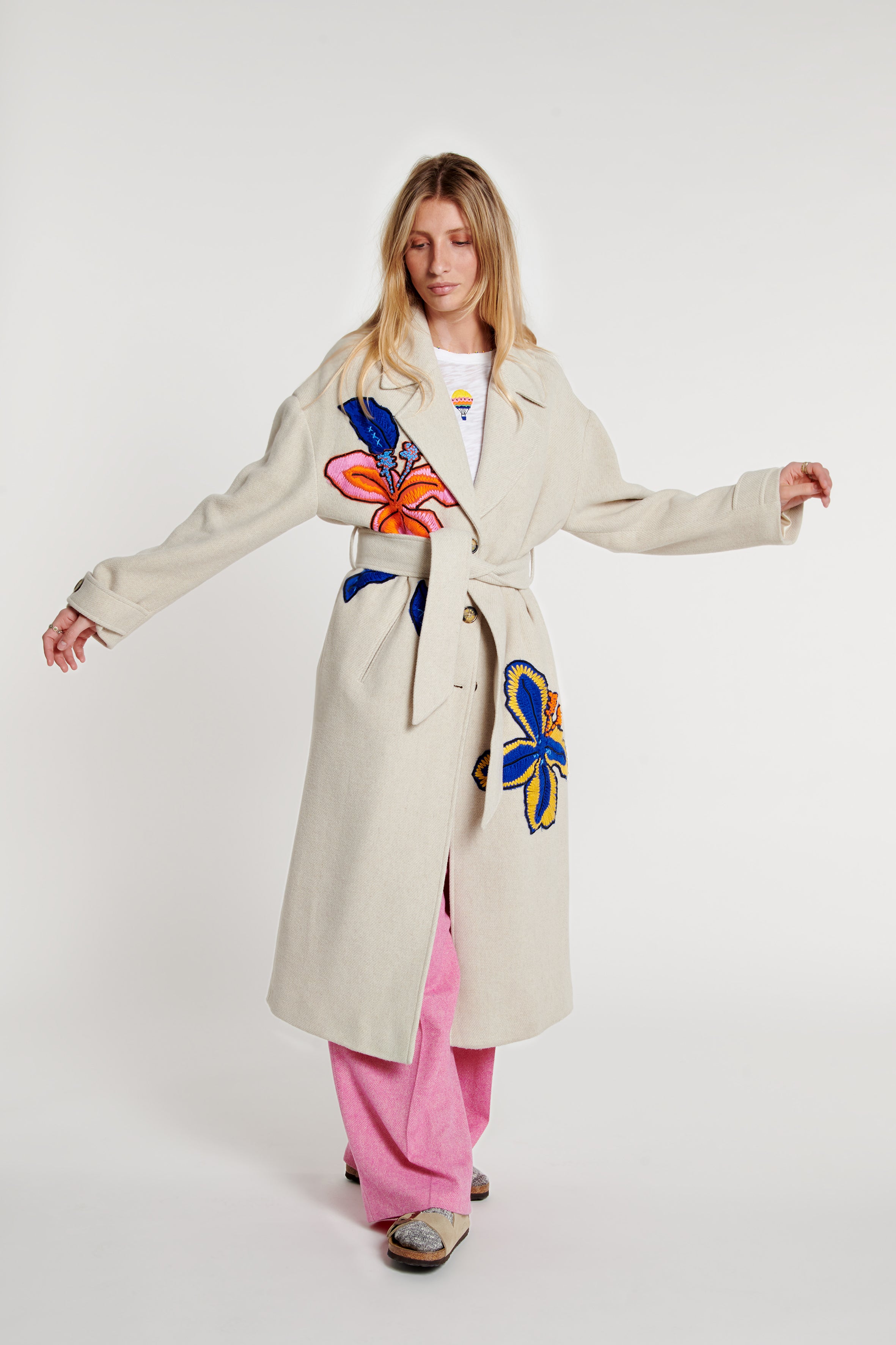 Flower Embroidered Belted Coat 