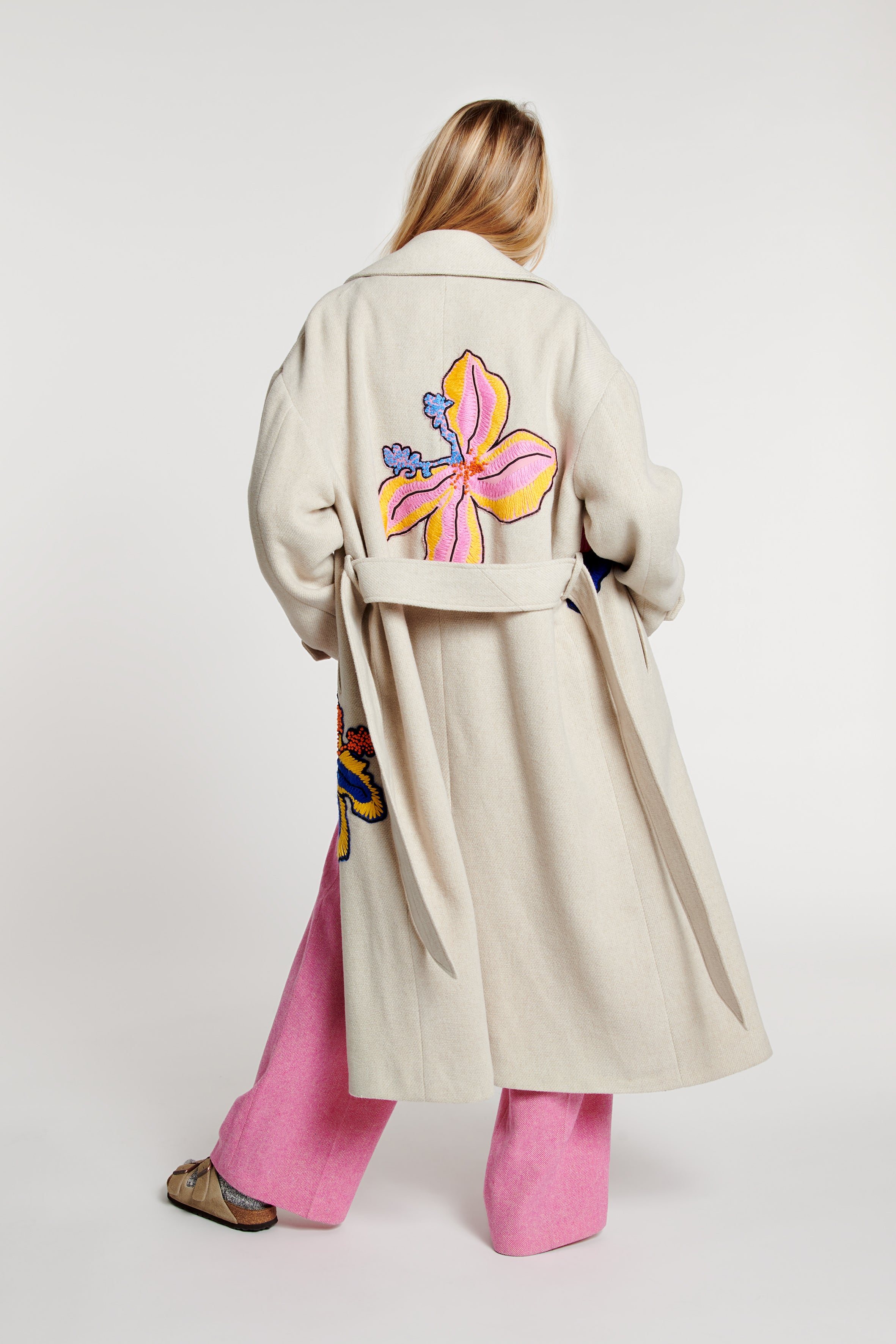 Flower Embroidered Belted Coat 