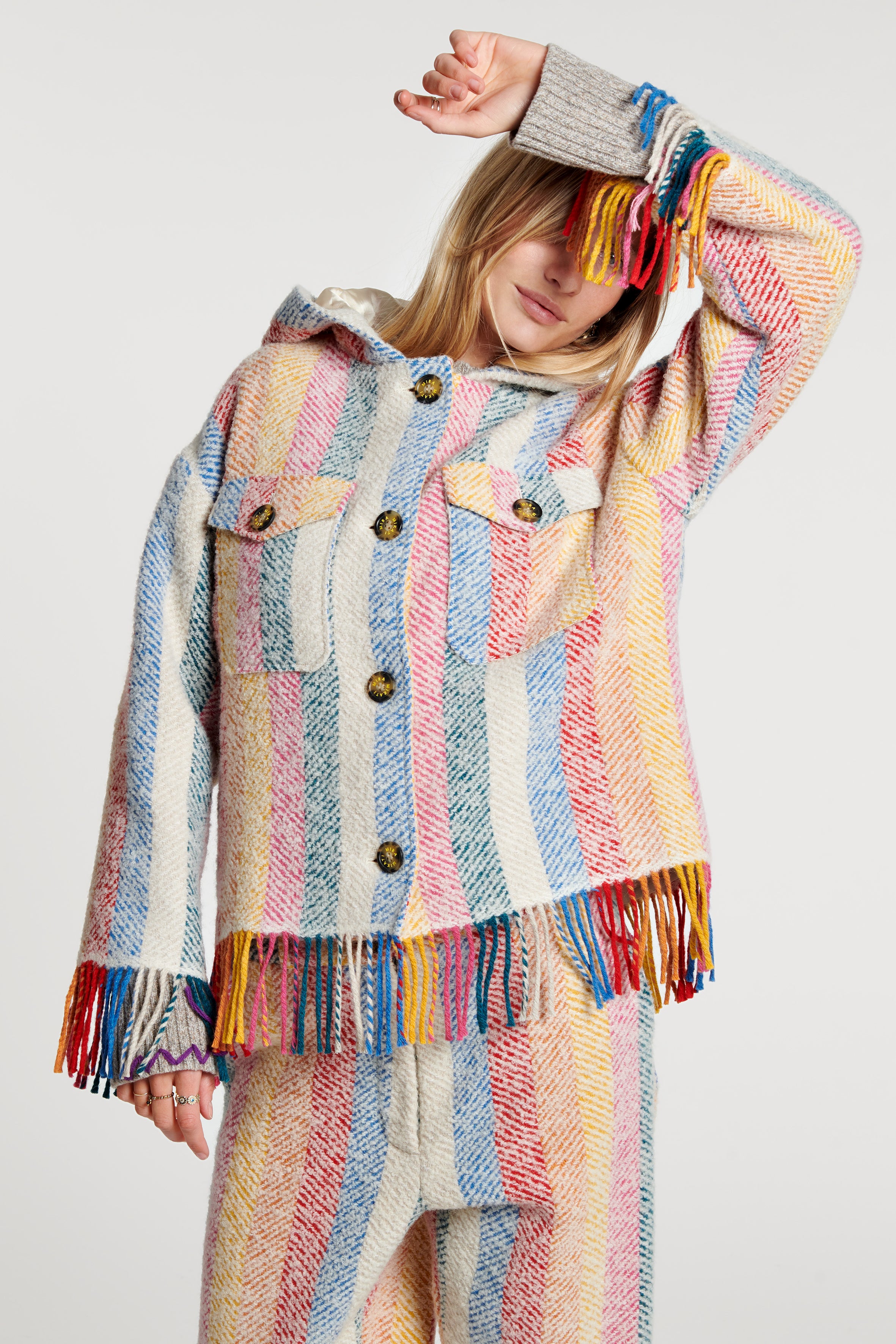 Stripe Blanket Fringe Hooded Jacket 