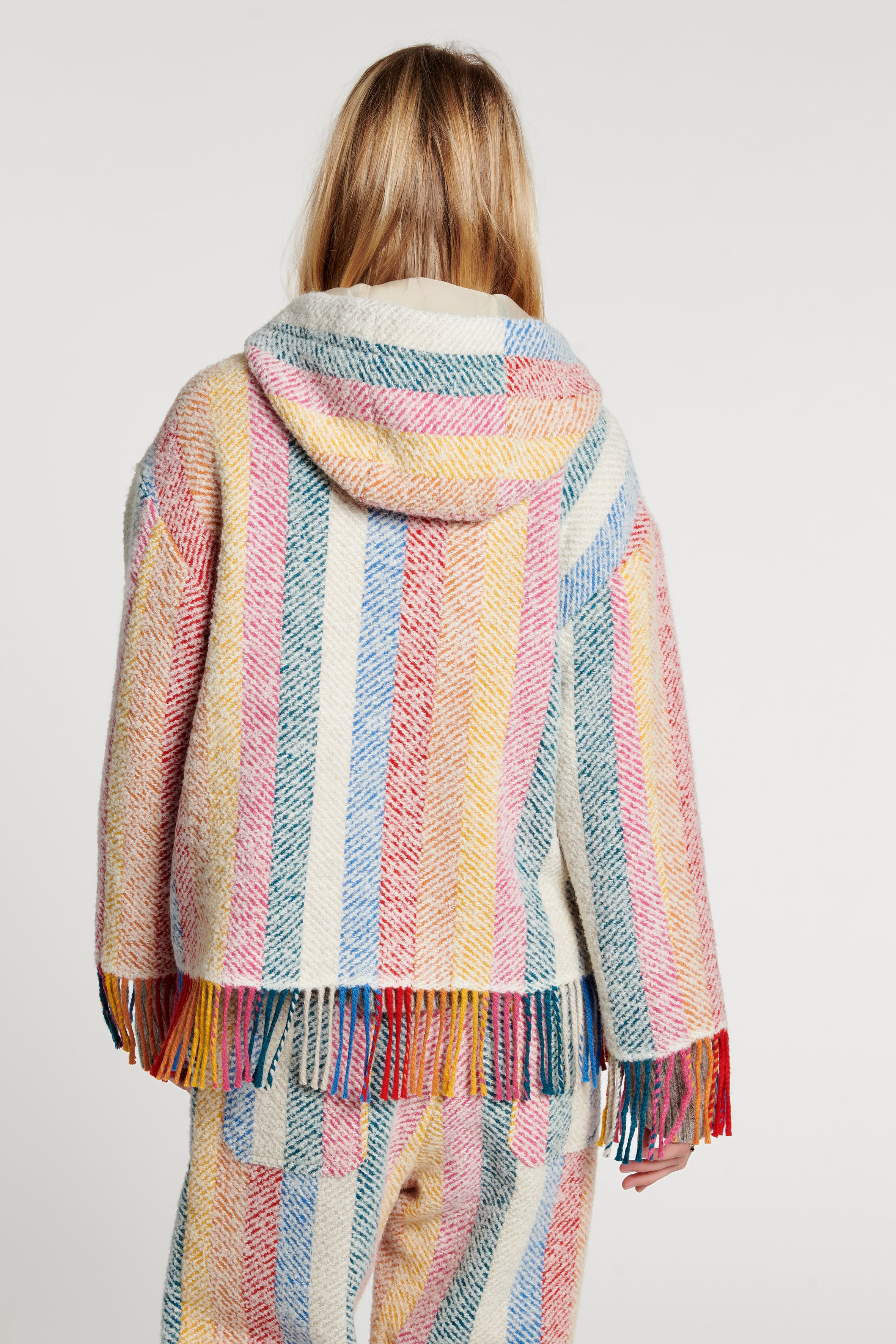 Stripe Blanket Fringe Hooded Jacket 