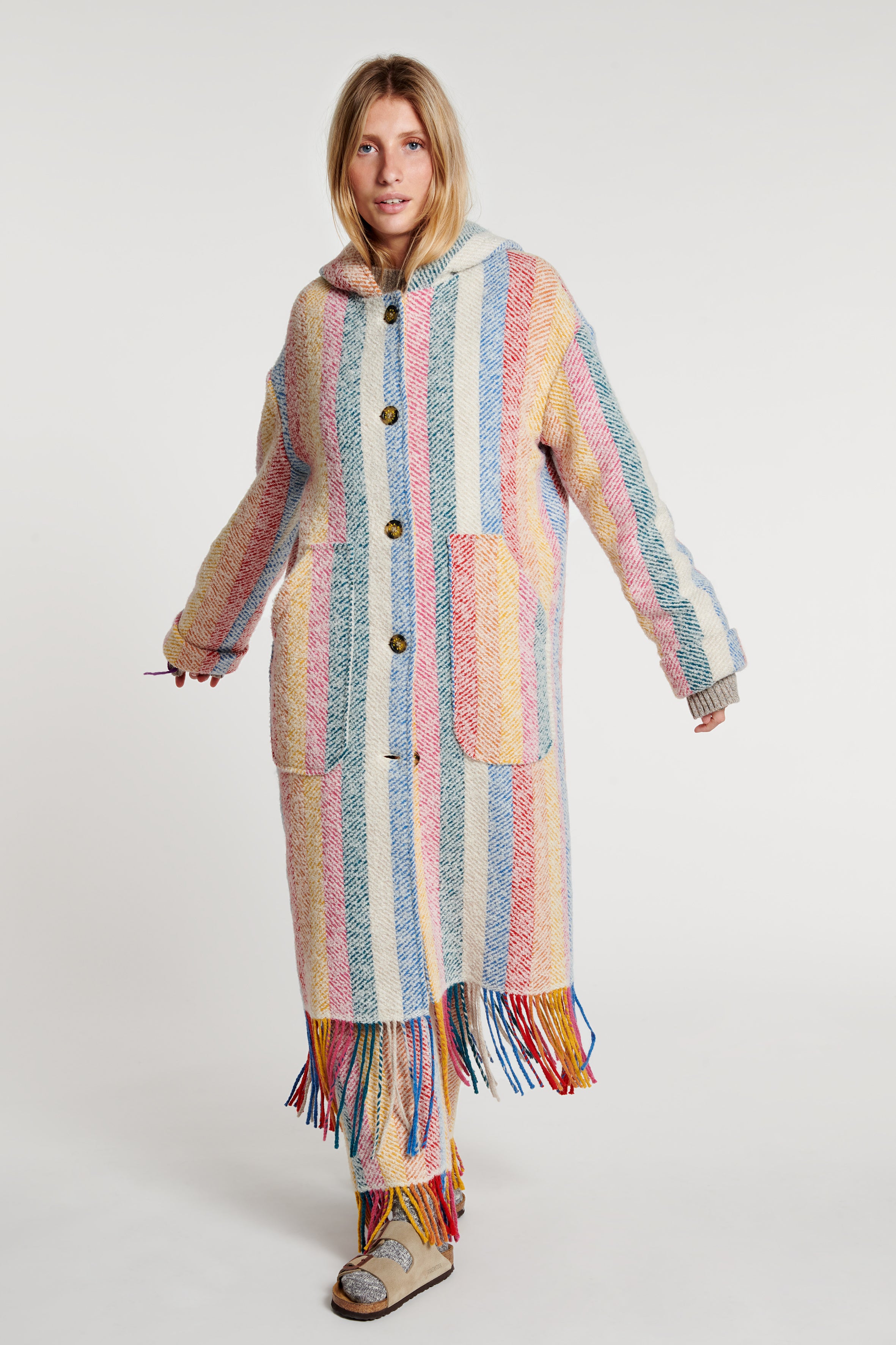 Stripe Blanket Fringe Hooded Coat 