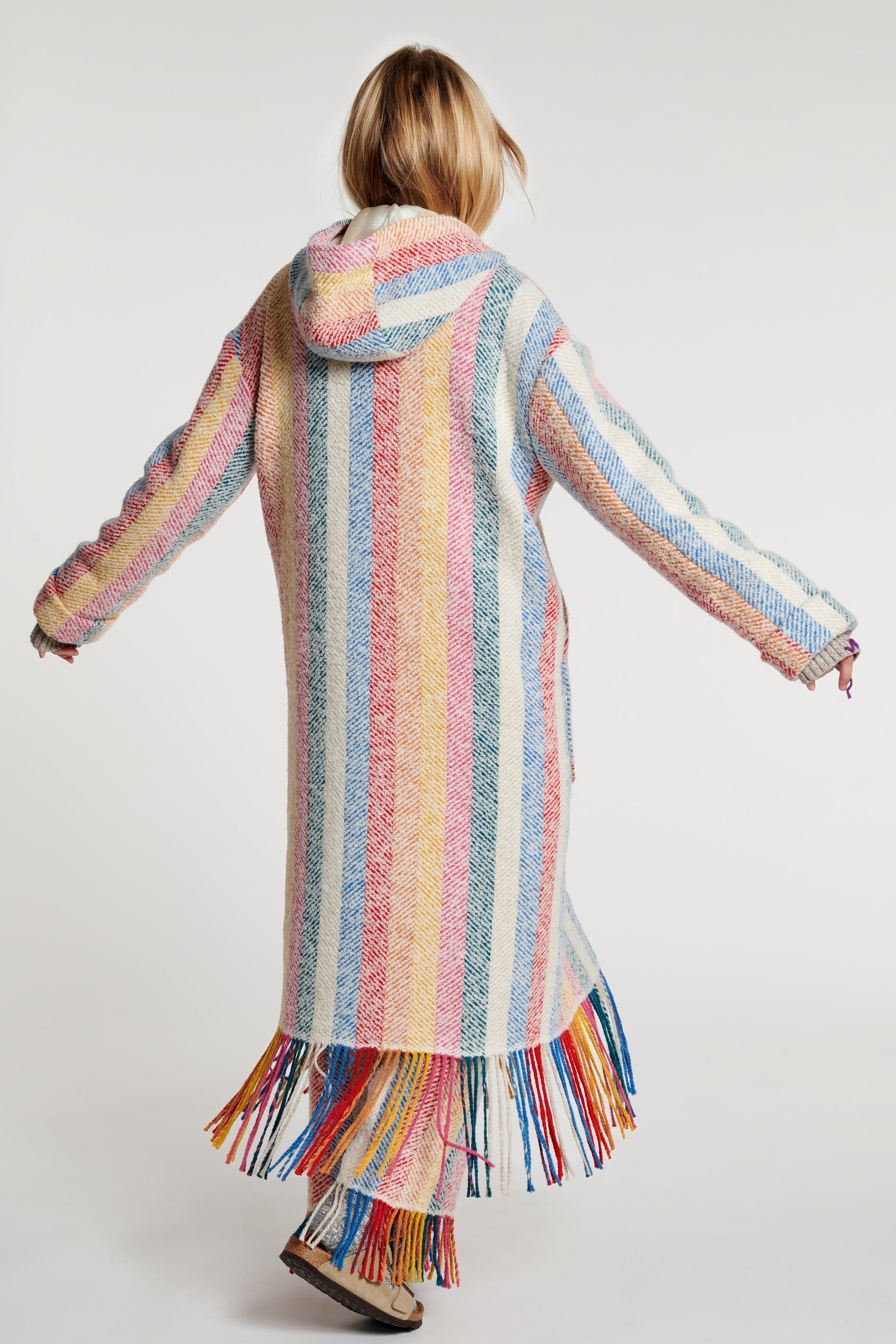 Stripe Blanket Fringe Hooded Coat 