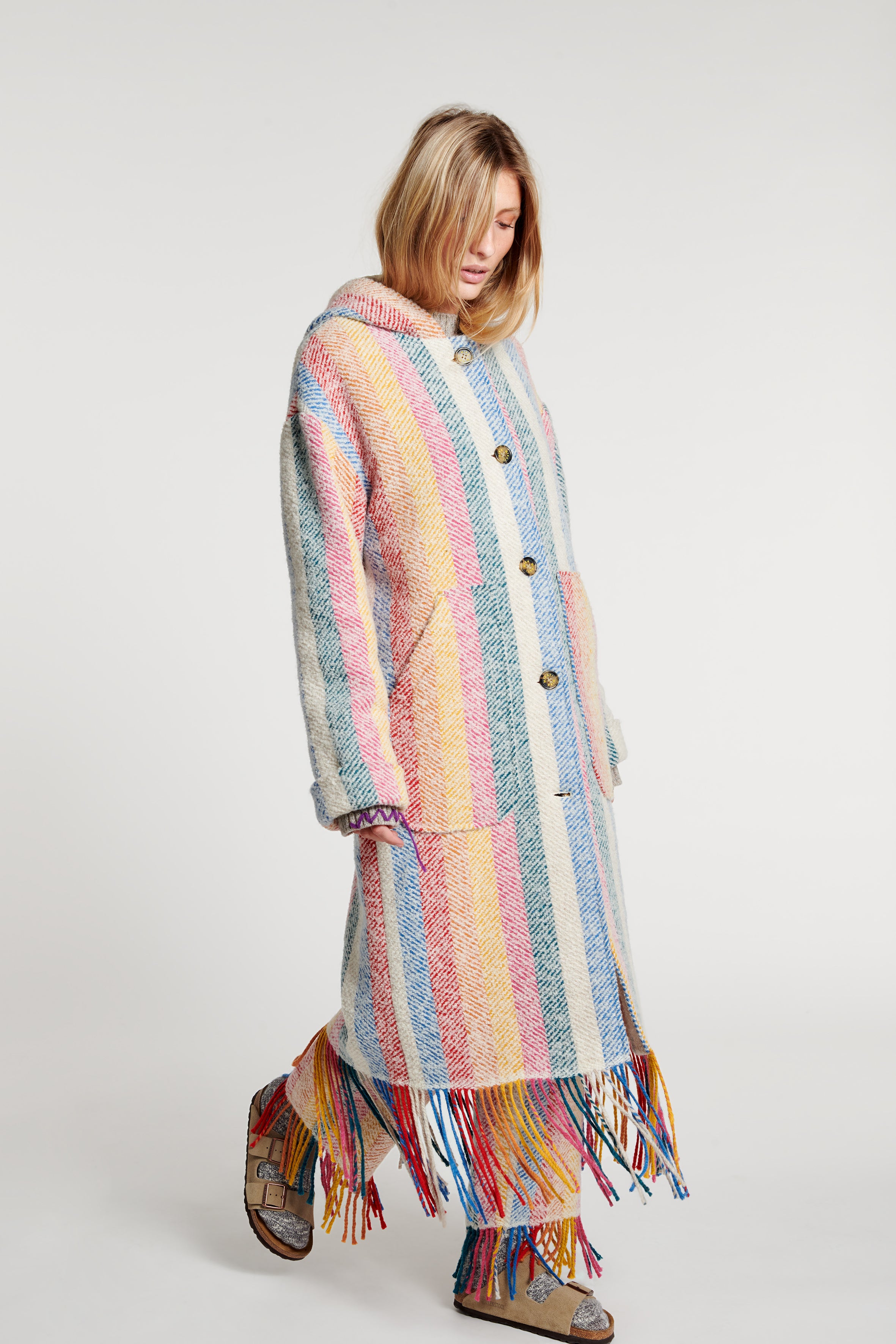 Stripe Blanket Fringe Hooded Coat 