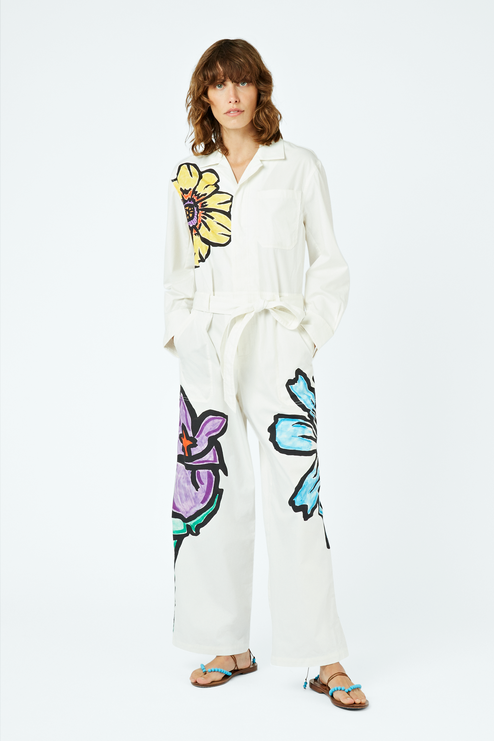 Flower-print belted cotton-twill jumpsuit 
