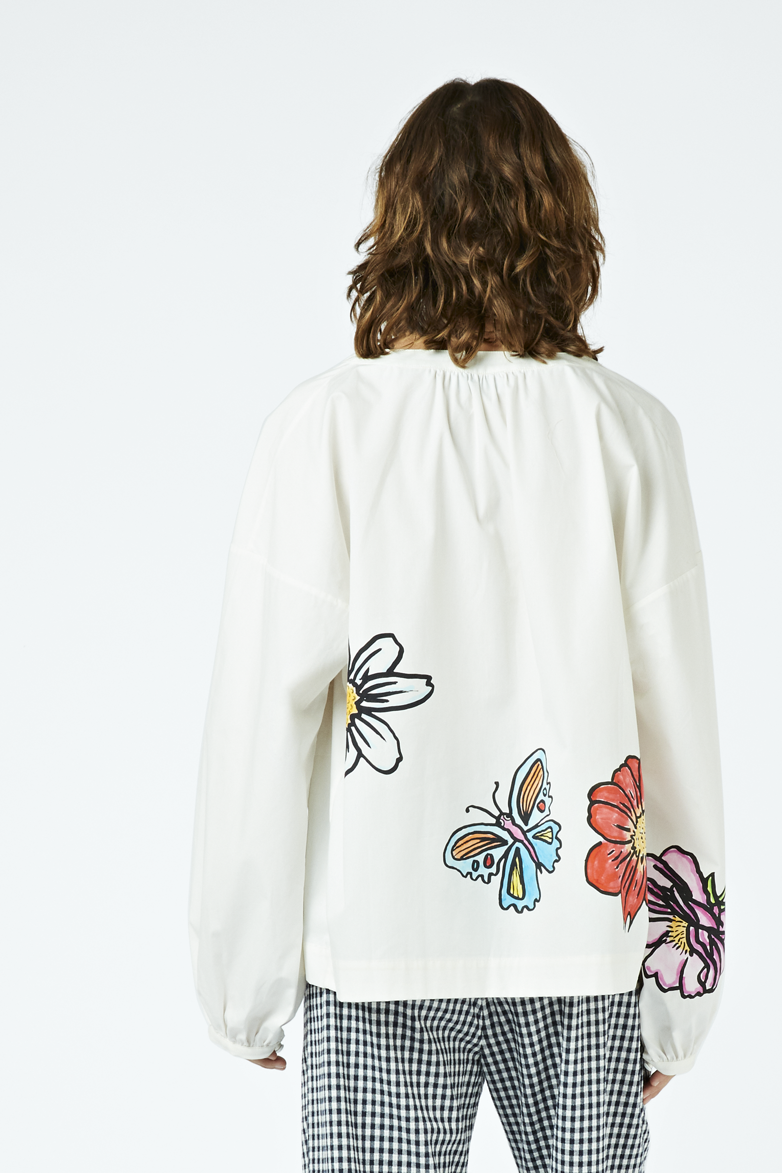 Nature flower-print cotton kaftan blouse 