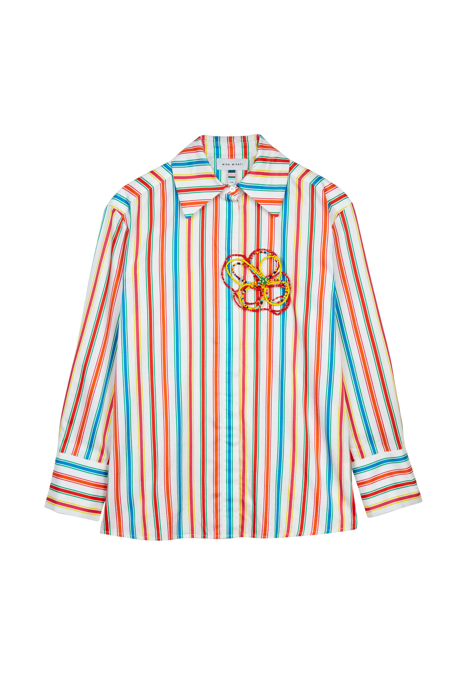 Flower brooch and striped cotton-sateen co-ord shirt 